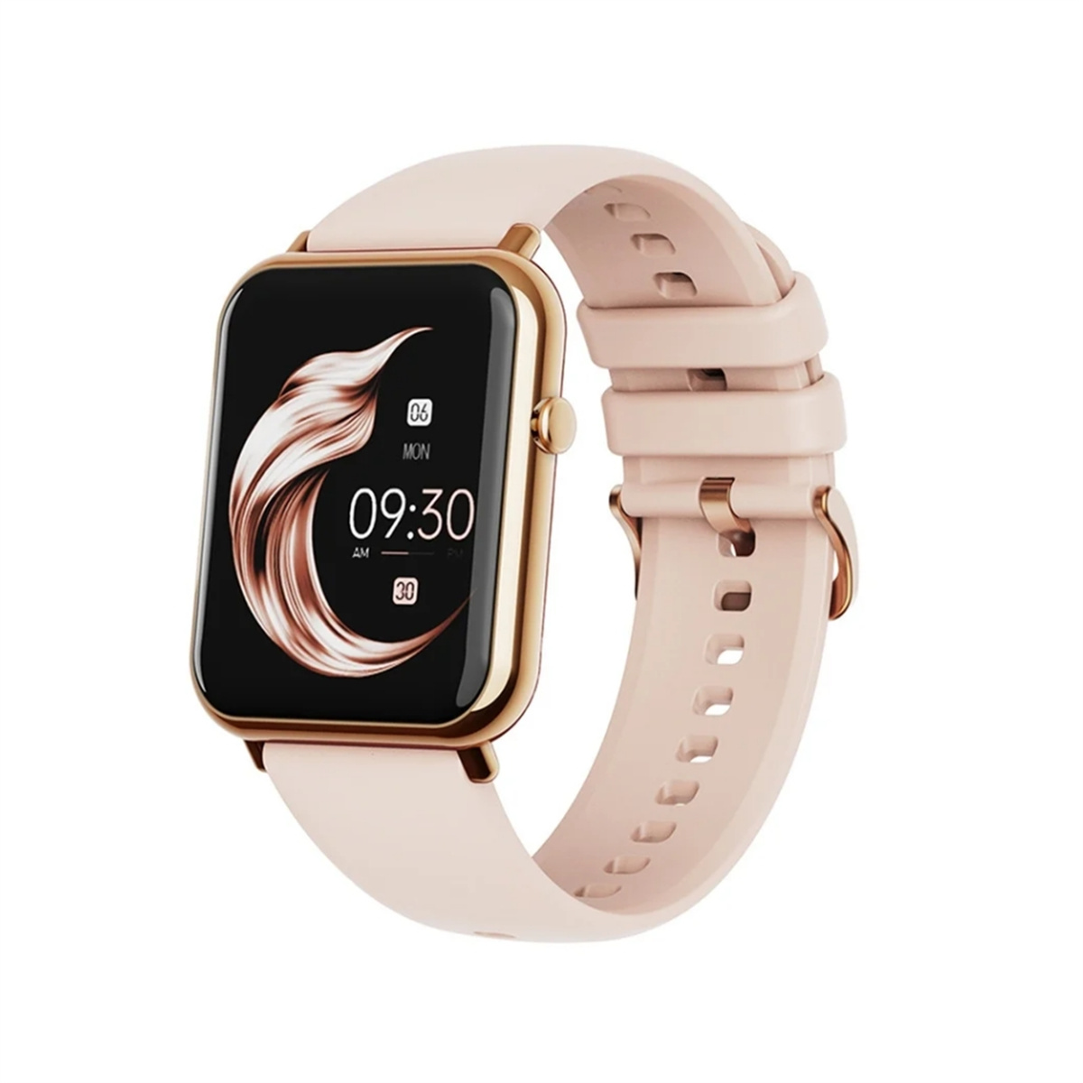 Eine rosa Smartwatch mit goldenem Gehäuse und hellrosa Armband.