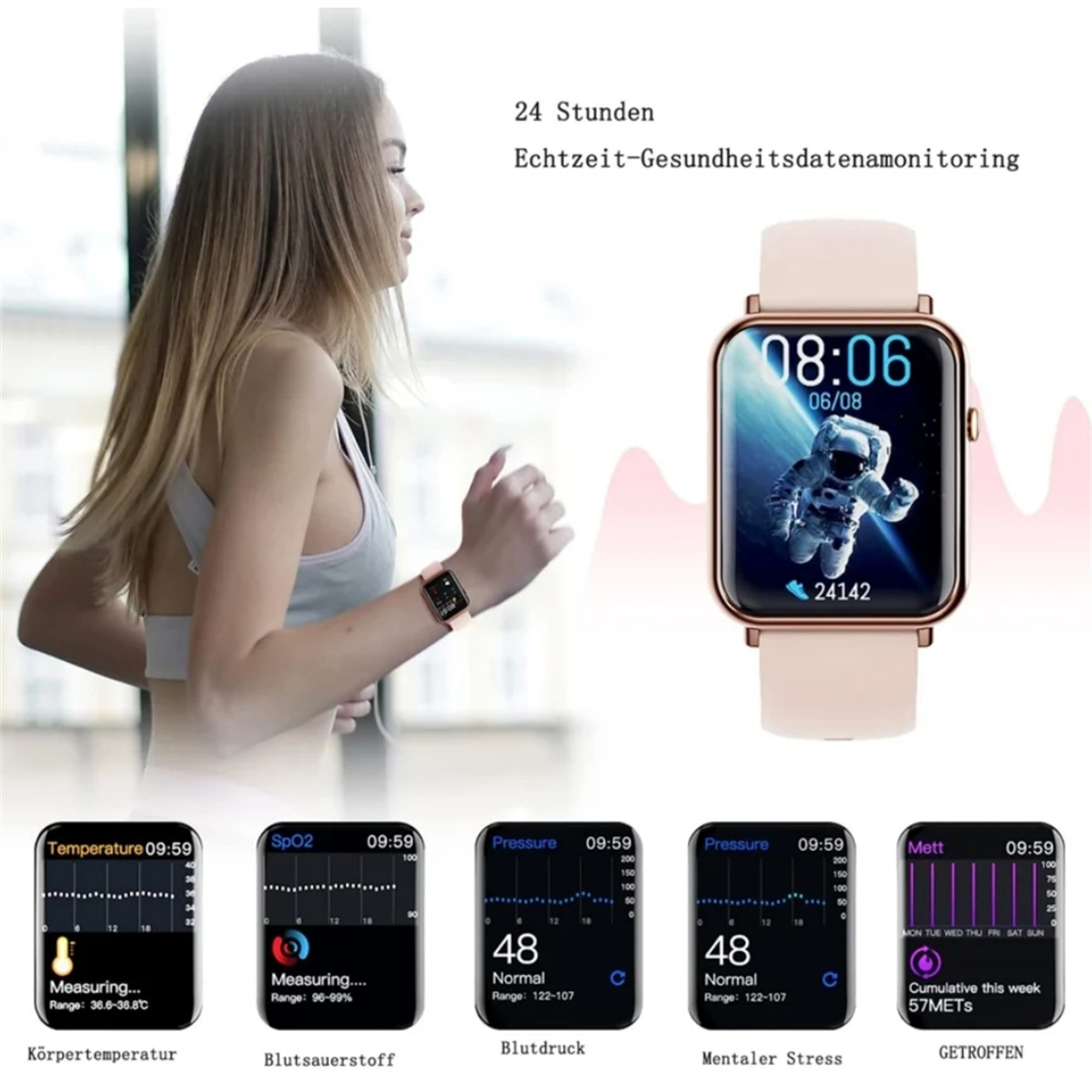 Frau rennt mit Smartwatch. Uhr zeigt Astronautenbild und Gesundheitsdaten-Diagramme.