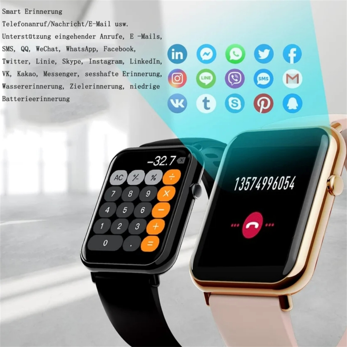 Zwei Smartwatches. Eine zeigt einen Rechner, die andere einen Anrufbildschirm mit Nummer.
