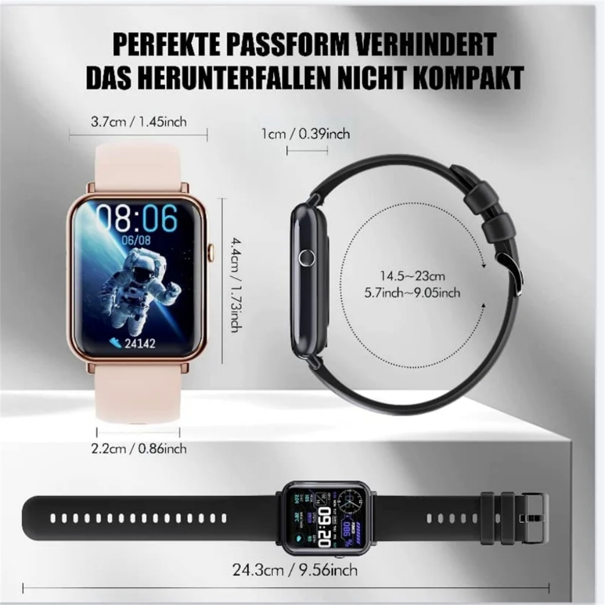 Smartwatch mit Anzeige von Zeit, einem Astronauten. Abmessungen und Armband sichtbar.