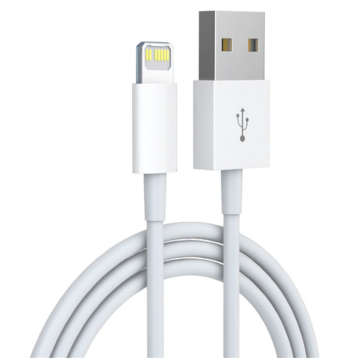 Weißes USB-zu-Lightning-Kabel. Das Kabel hat zwei Enden: einen USB- und einen Lightning-Anschluss.