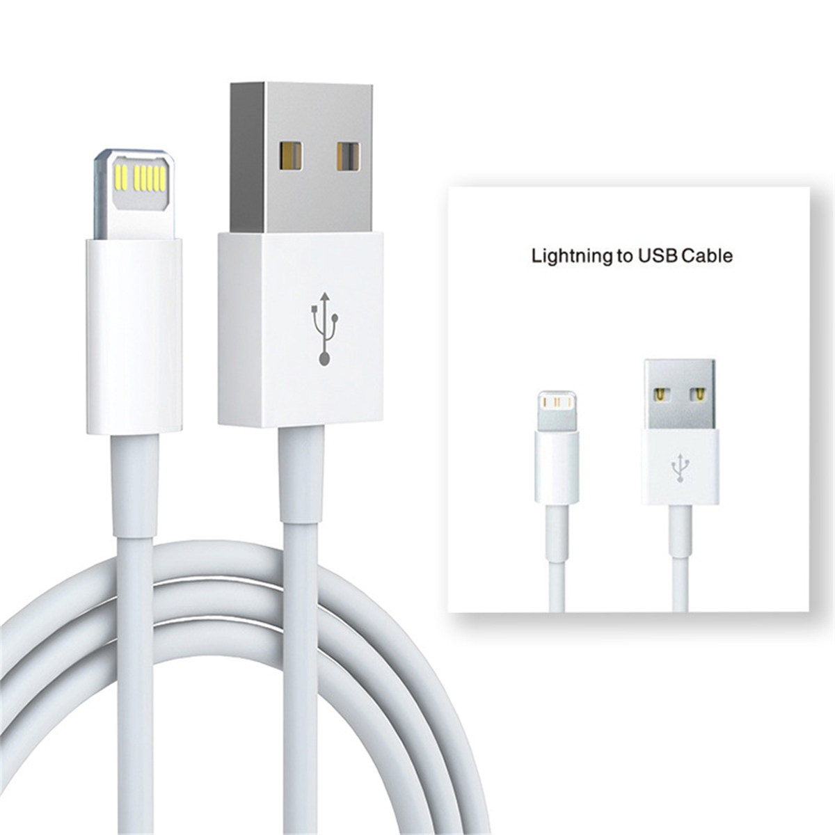 Weißes Lightning-zu-USB-Kabel, zwei Enden mit Nahaufnahme der Anschlüsse gezeigt.