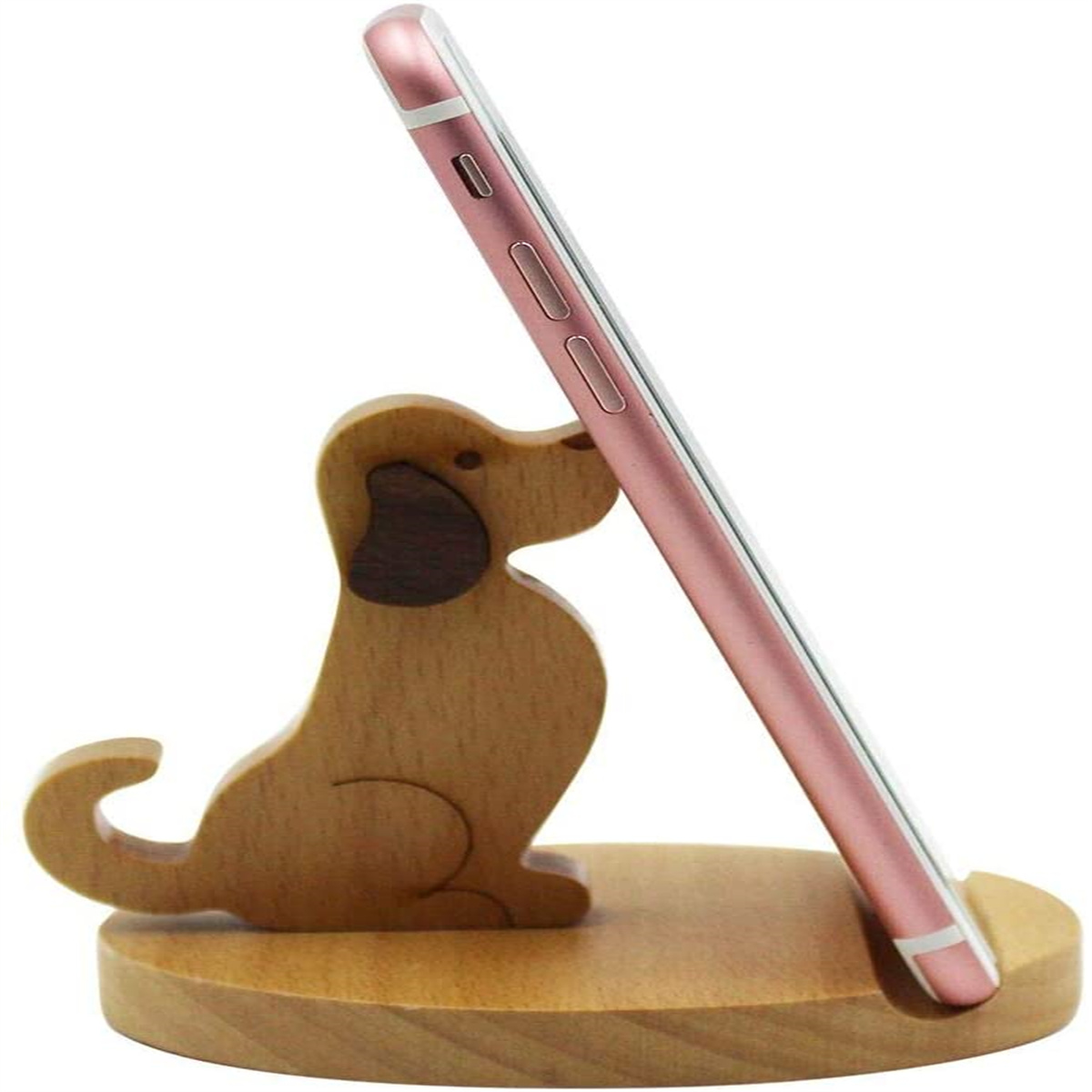 Hundeförmiger Telefonständer aus Holz, der ein rosa Telefon hält. Holzsockel.