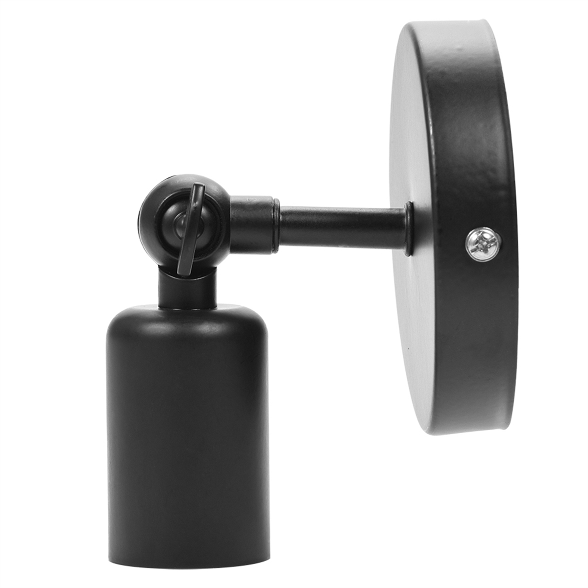 Schwarze Wandlampe mit rundem Sockel, verstellbarem Hals und Lampenfassung.