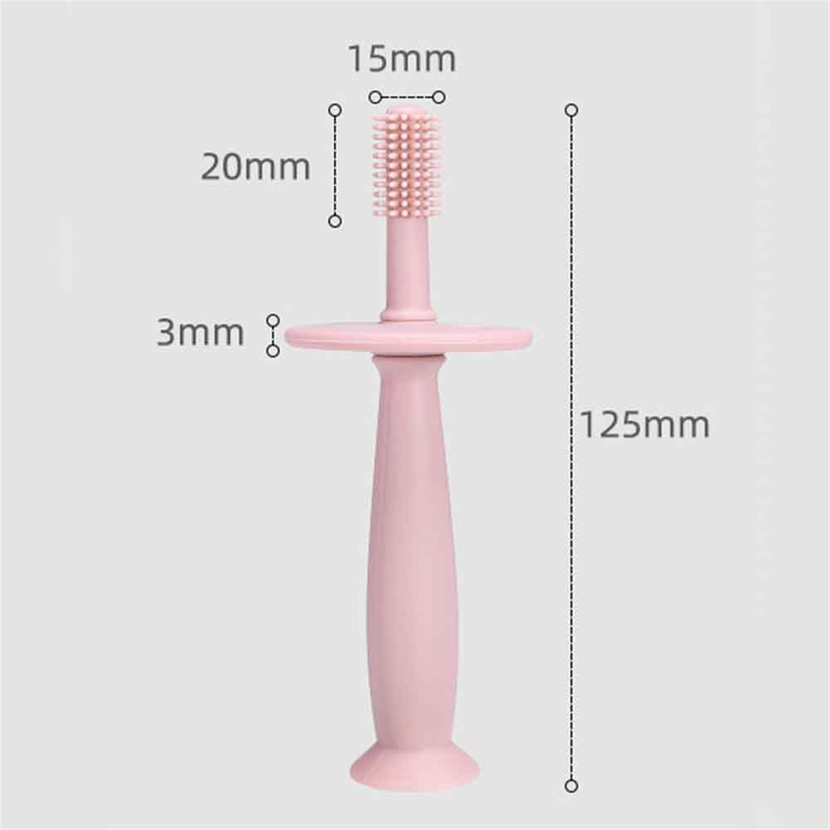 Eine rosa Babyzahnbürste mit Maßen: 125 mm lang, 20 mm Borsten, 3 mm Basis, 15 mm Bürste.