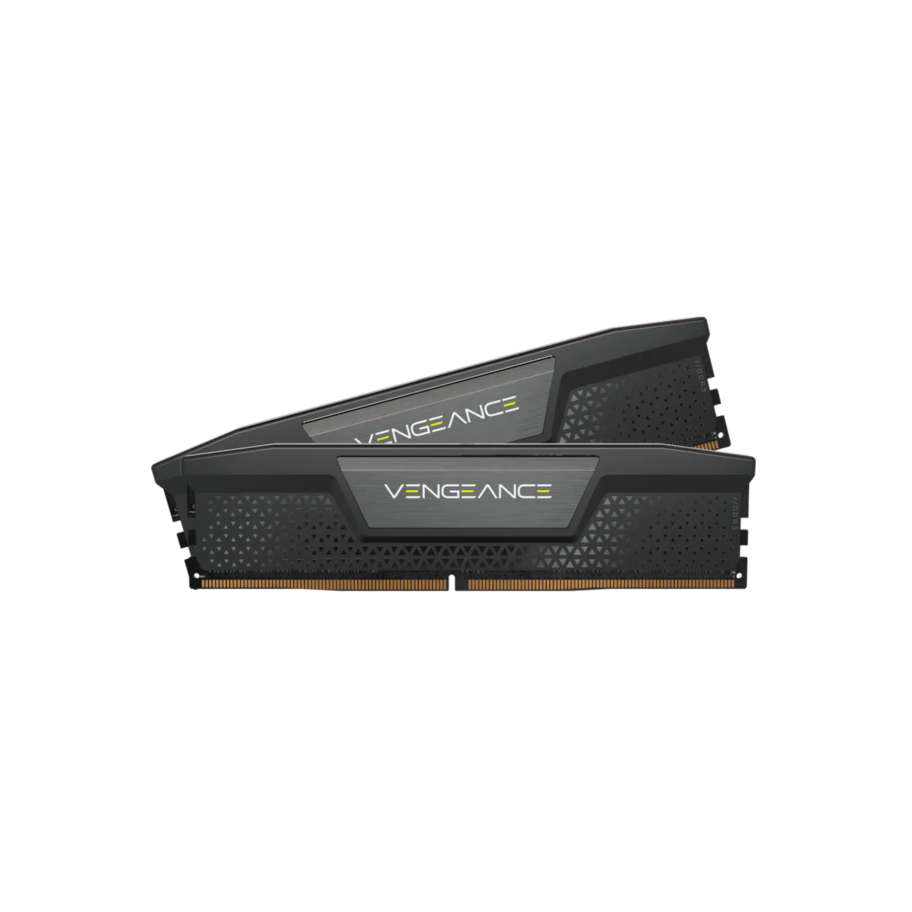 Dos memorias RAM Corsair Vengeance negras sobre fondo blanco.