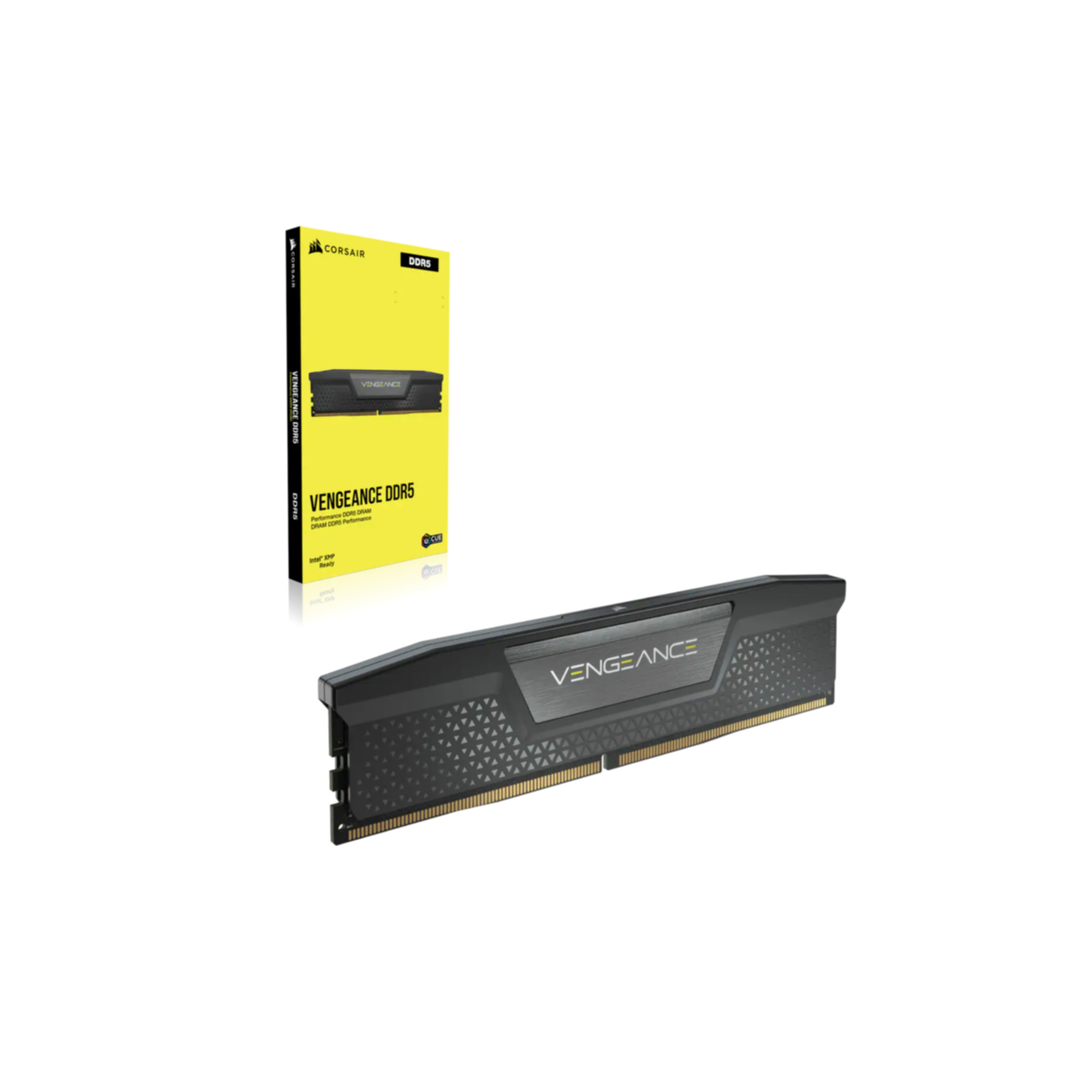Memoria RAM DDR5 Corsair Vengeance negra y caja sobre fondo blanco.