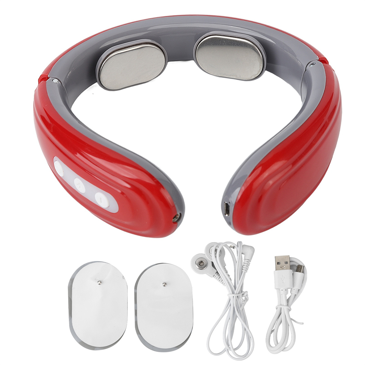 Roter und grauer Nackenmassagegerät mit weißen Pads und Zubehör.