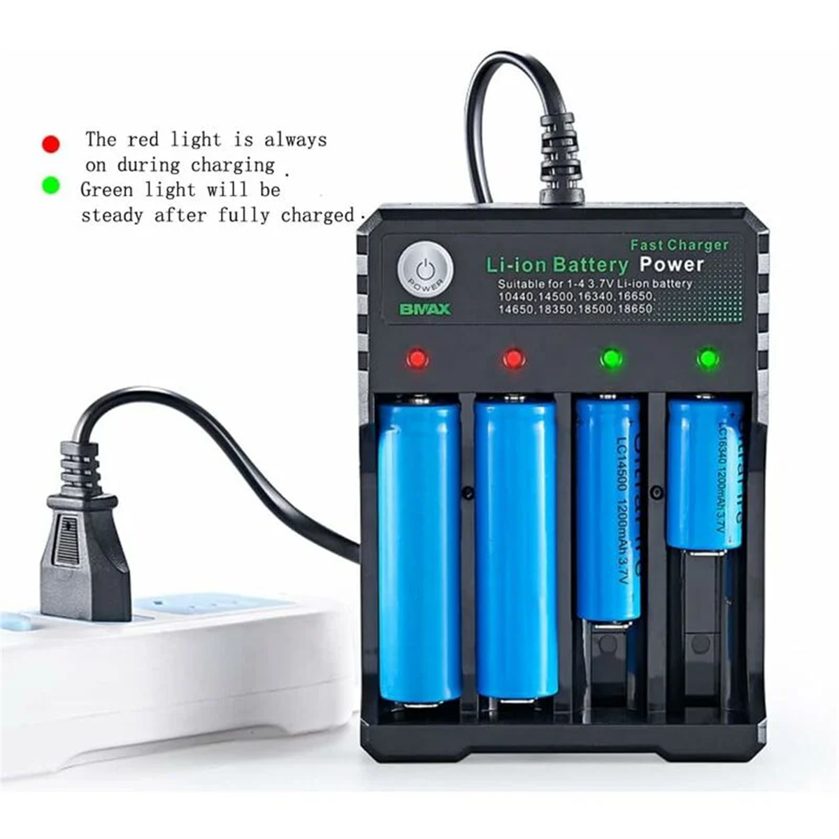 Batterieladegerät mit ladenden Batterien. Rotes Licht beim Laden, grünes Licht bei voller Ladung.