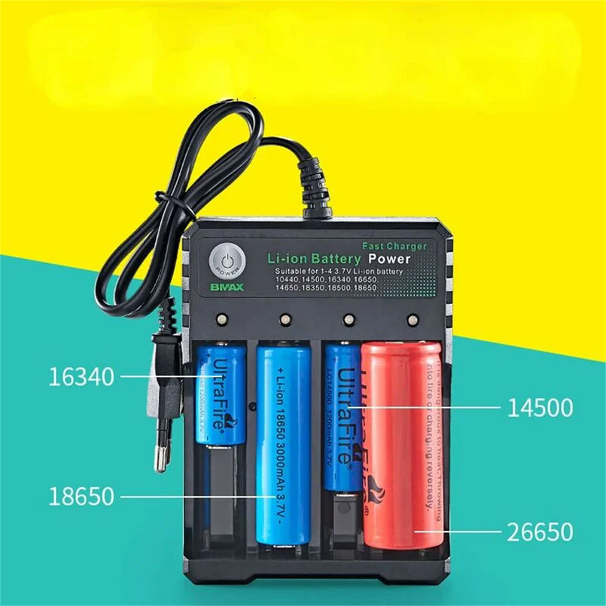 Batterieladegerät mit vier Batterien: 16340, 18650, 14500 und 26650.