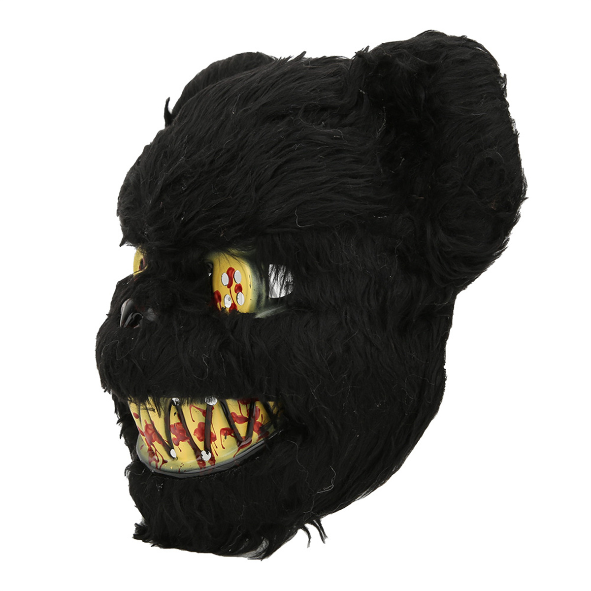 Eine gruselige schwarze Monstermaske mit gelben Augen, roten Zähnen und Blut.