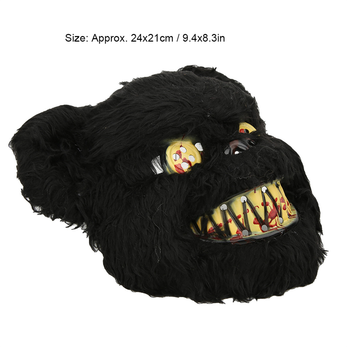 Eine gruselige, haarige Gorillamaske mit einem gelben, blutigen Mund. Weißer Hintergrund.