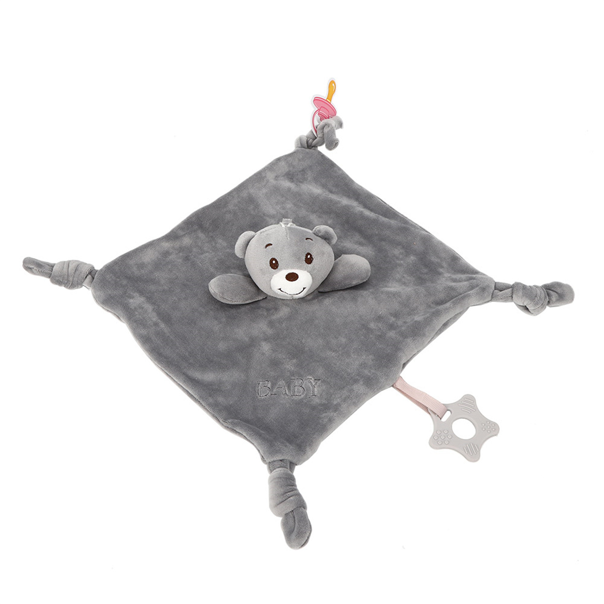 Eine graue Baby-Kuscheldecke mit Teddybär-Kopf, weißer Hintergrund.