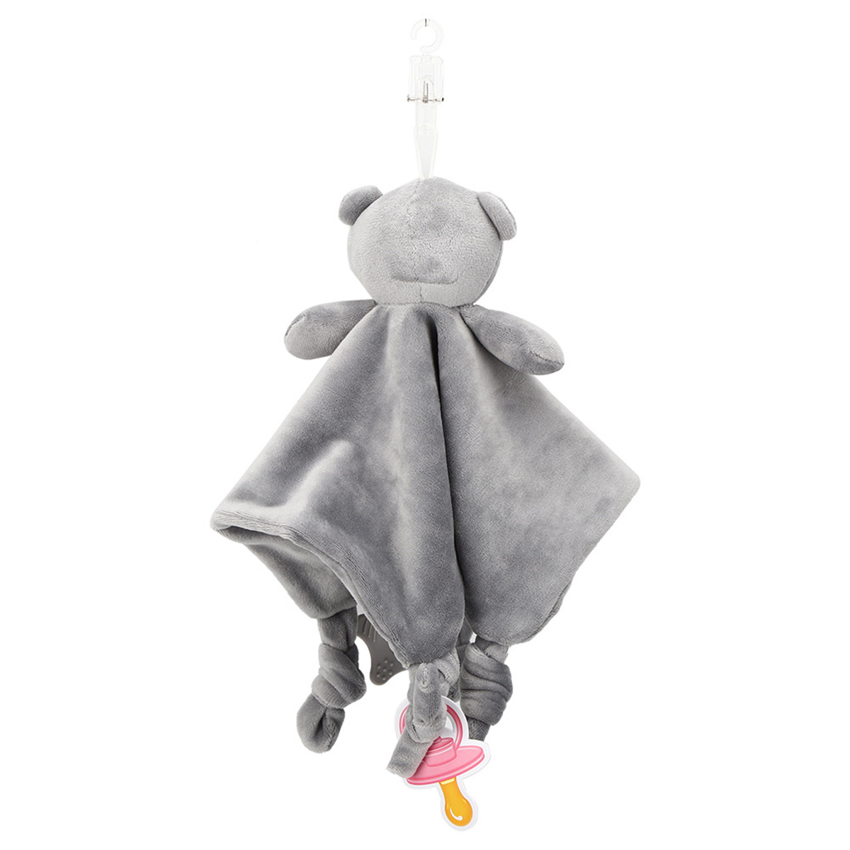 Graues Teddybär-Baby-Schnuffeltuch mit Schnuller, an einem weißen Haken hängend.