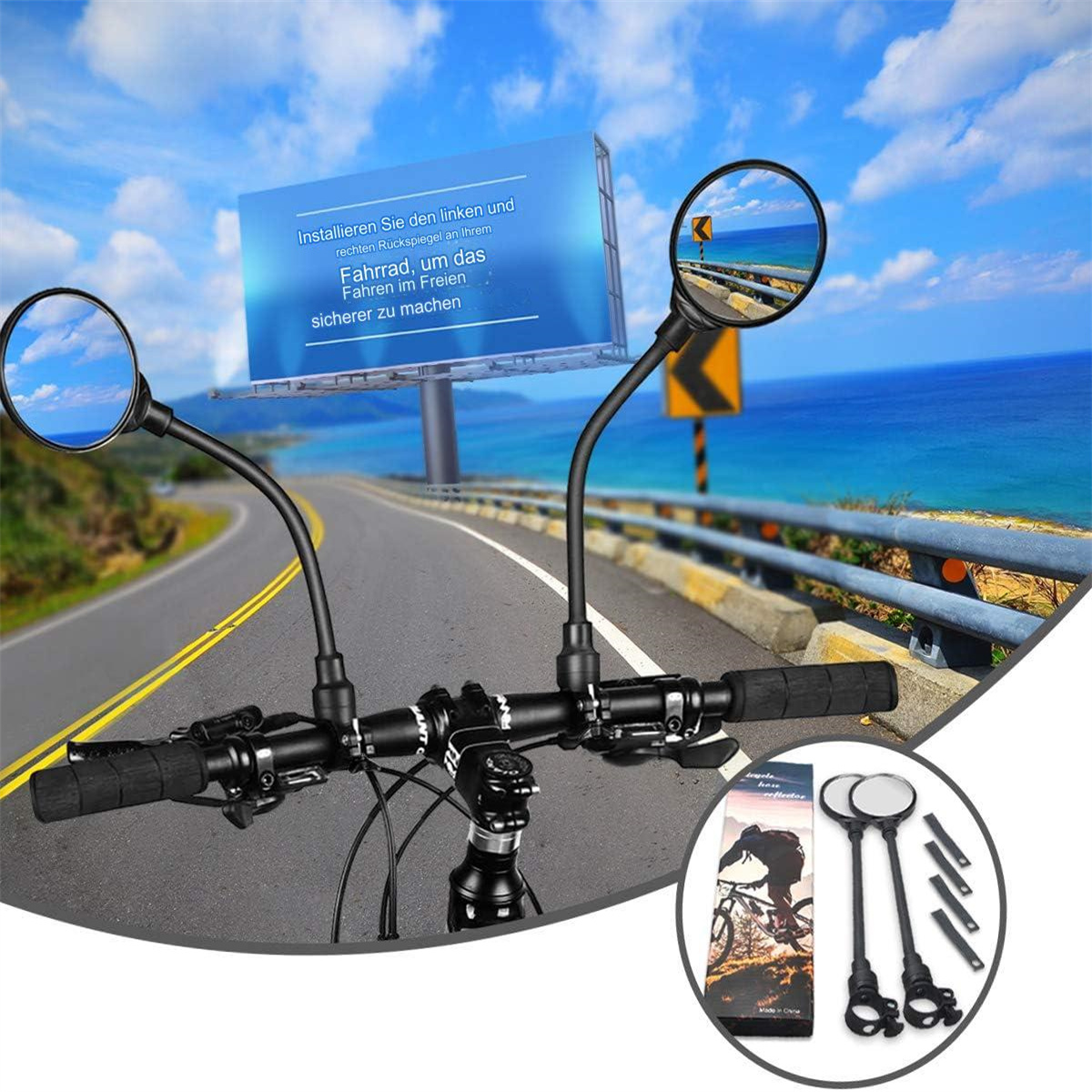 Fahrradlenker mit angebrachten Spiegeln, die eine Straße und den Himmel reflektieren. Eine Box mit Spiegeln unten.