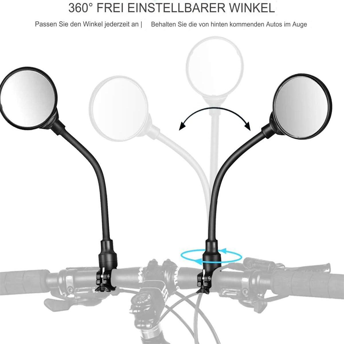 Fahrradspiegel an Lenkern montiert, verstellbar. Reflektierende Spiegel, schwarze Arme und Halterungen. Der Winkel ist einstellbar.