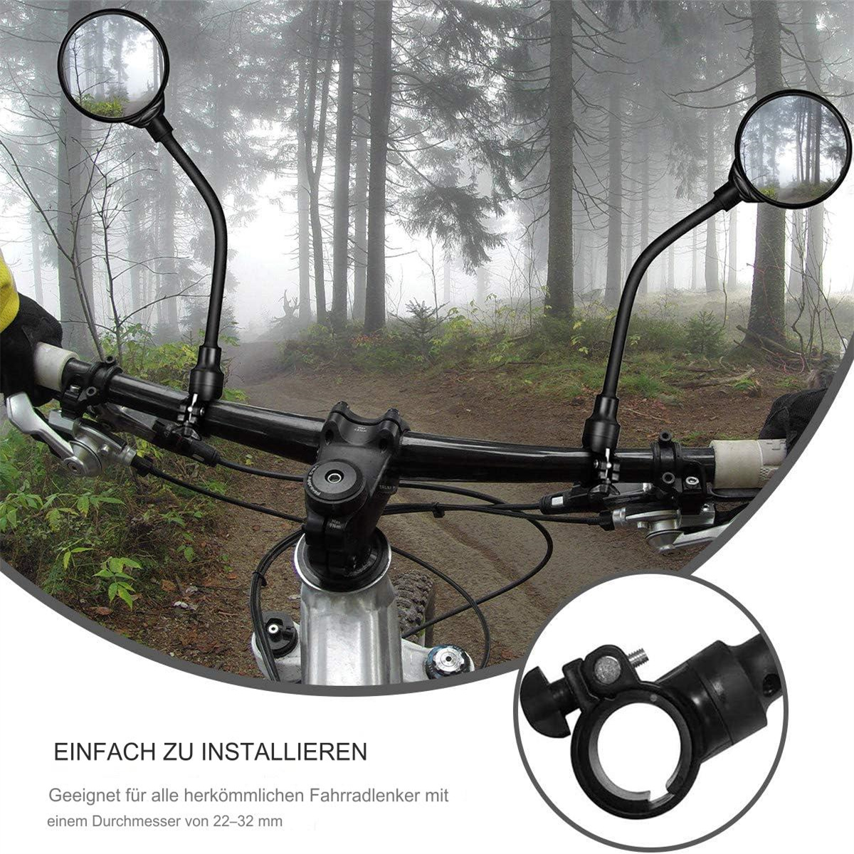 Fahrradlenker mit Spiegeln, Nahaufnahme einer Spiegelhalterung, Text: einfach zu installieren.