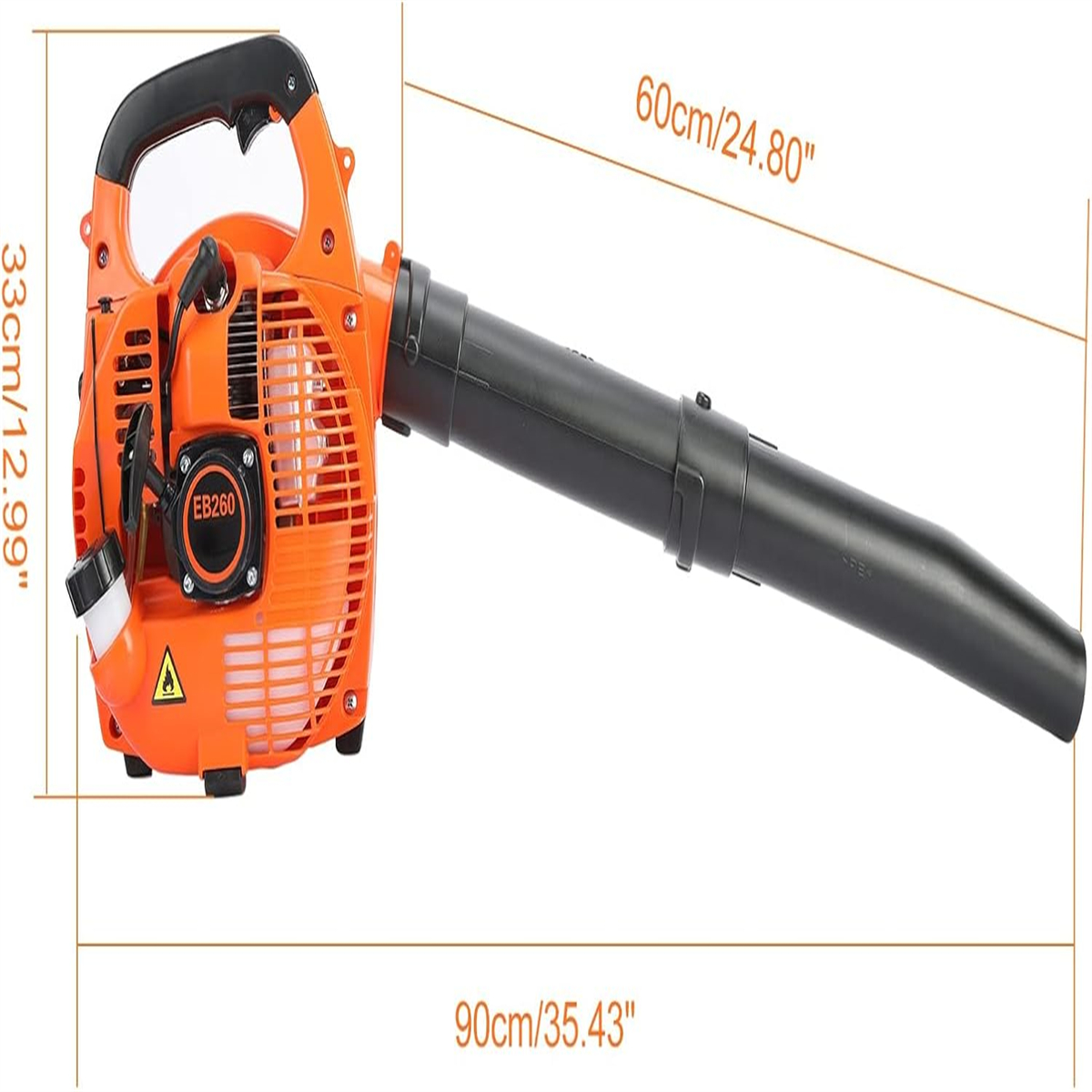 Oranger Laubbläser mit Abmessungen. Das Produkt befindet sich auf weißem Hintergrund.