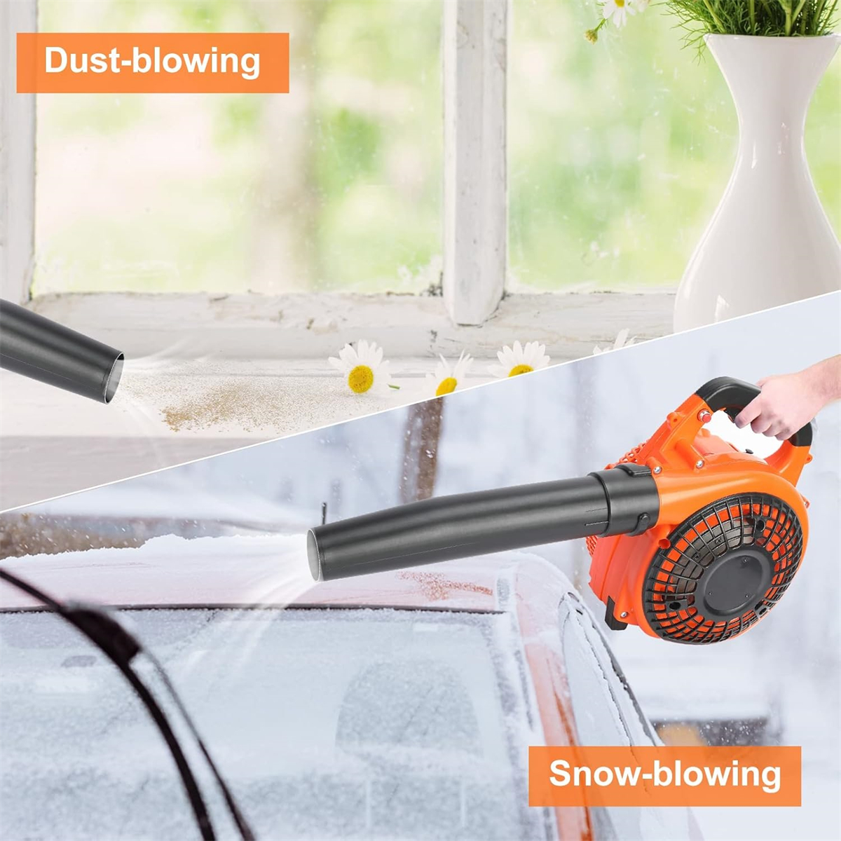 Ein orangefarbener Laubbläser, der Staub und Schnee bläst. Im Hintergrund steht eine Vase mit Blumen.