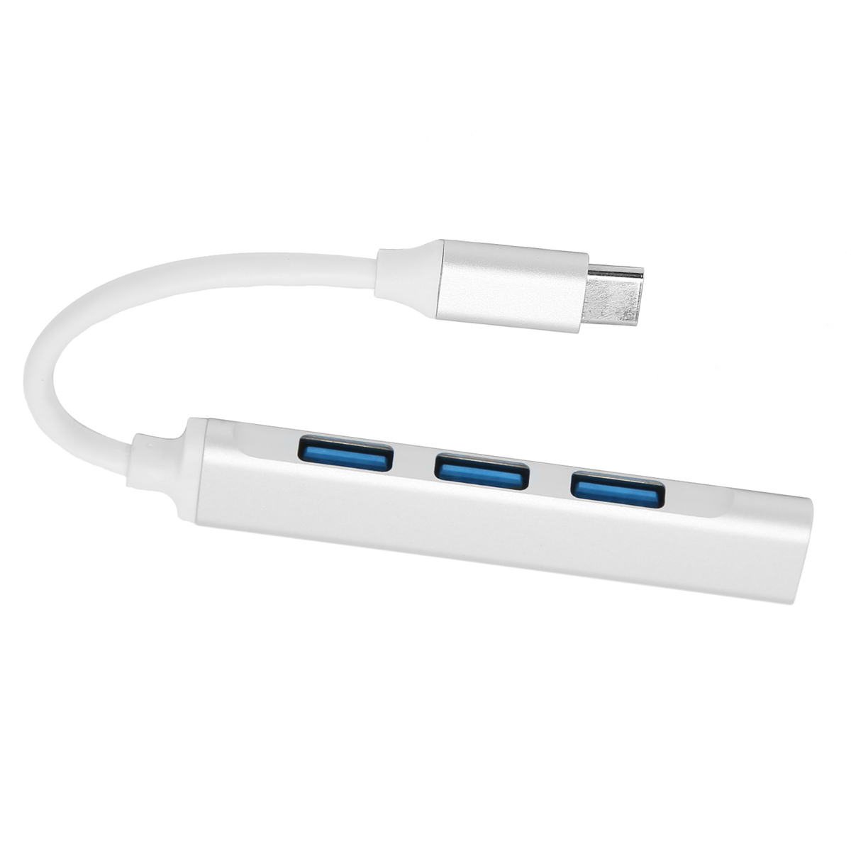 Weißer USB-C-Hub mit drei USB-Anschlüssen. Ein weißes Kabel verbindet den Hub mit dem USB-C-Anschluss.