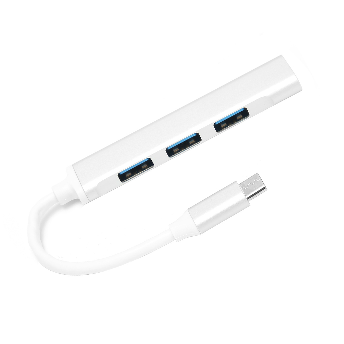Ein weißer USB-Hub mit 3 USB-Anschlüssen und einem USB-C-Anschluss.
