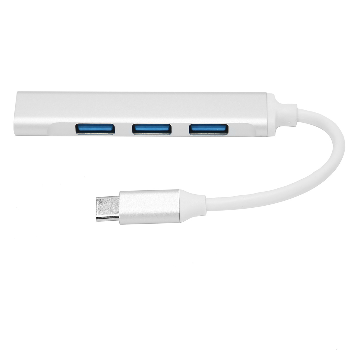 Ein weißer USB-Hub mit drei blauen USB-Anschlüssen und einem USB-C-Anschlusskabel auf weißem Hintergrund.