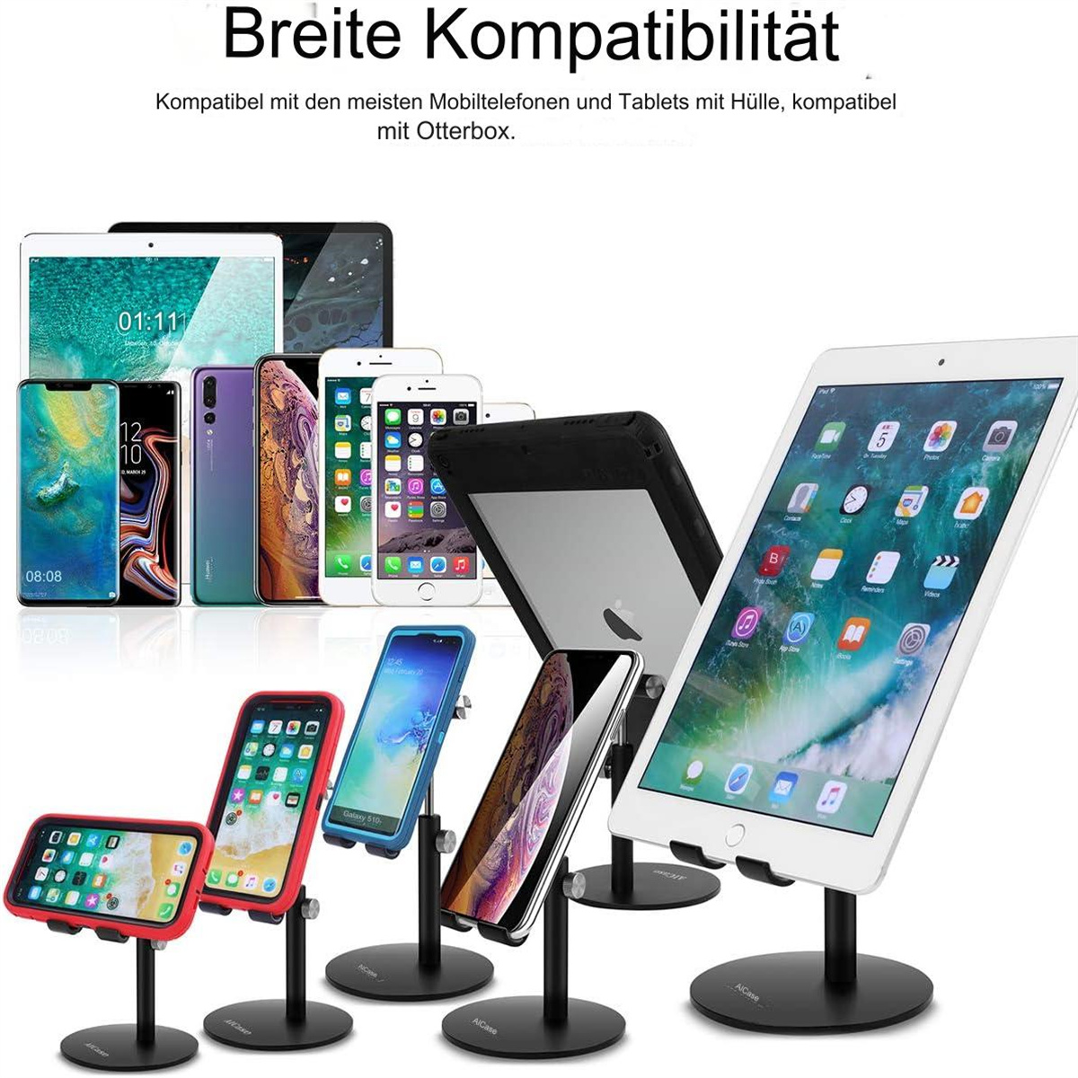 Verschiedene Telefone und Tablets auf Ständern, mit dem Text 'Breite Kompatibilität'.