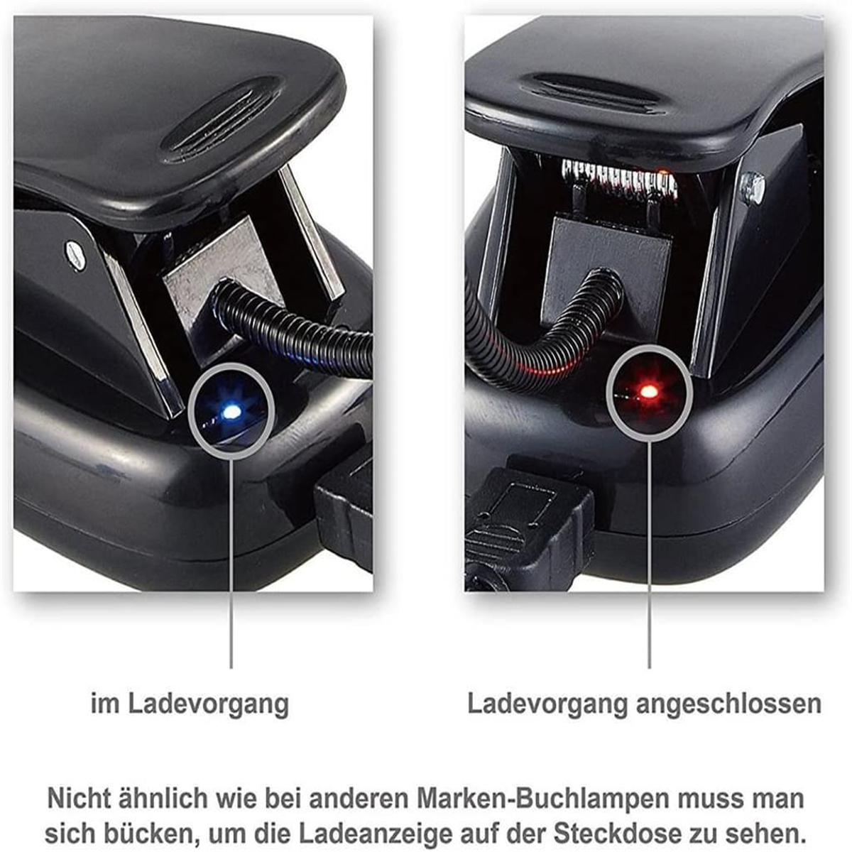 Zwei schwarze Ladegeräte zeigen den Ladestatus, eines mit blauem, eines mit rotem Licht.