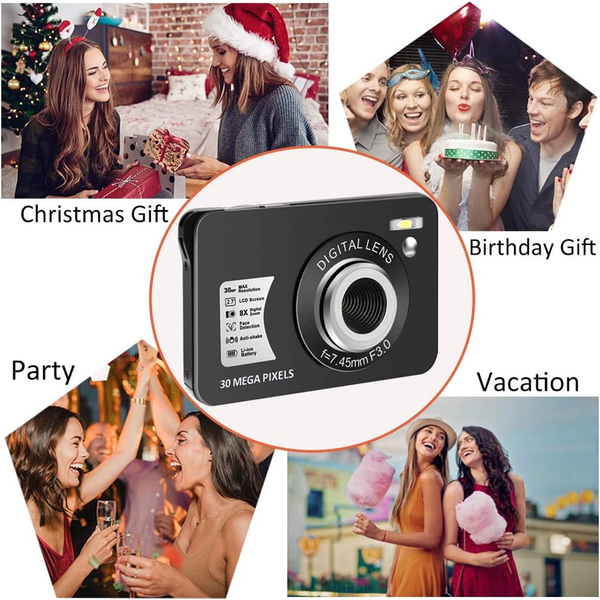 Eine Kamera mit Leuten, die Feiertage feiern: Weihnachten, Geburtstag, Party und Urlaub.