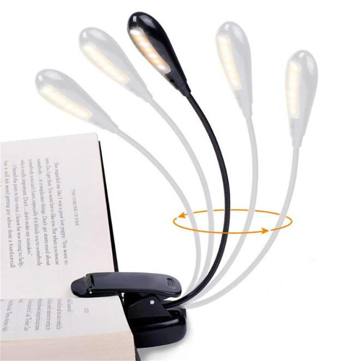 Schwarze LED-Buchlampe an einem Buch befestigt. Das Licht ist an und einstellbar.