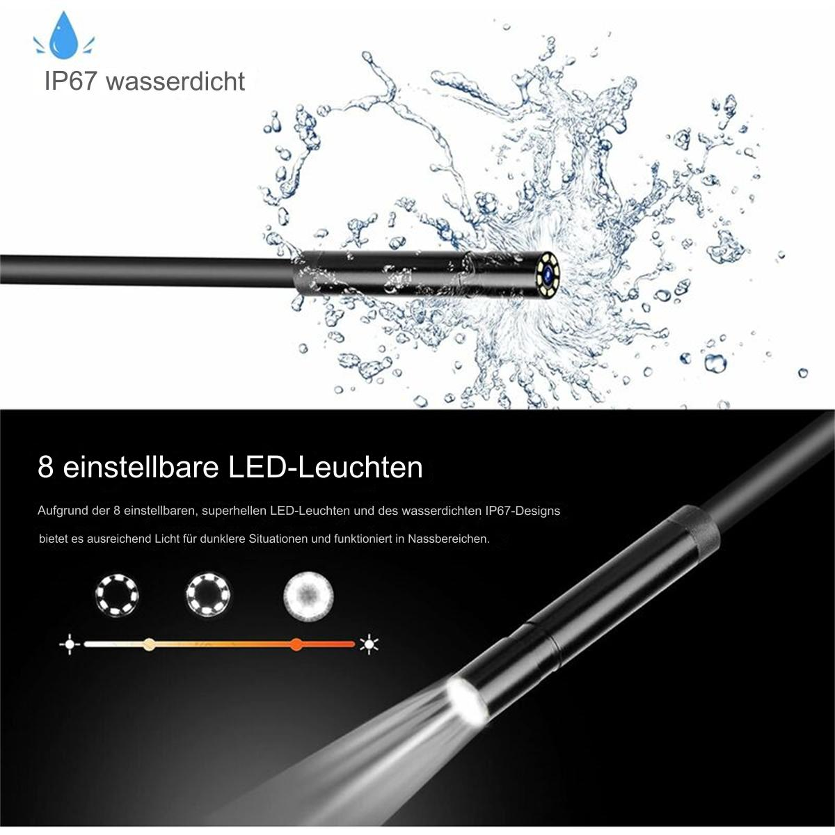 Endoskop mit Wassertropfen und Wasserspritzer. Text über wasserdichte Eigenschaften und LED-Leuchten.