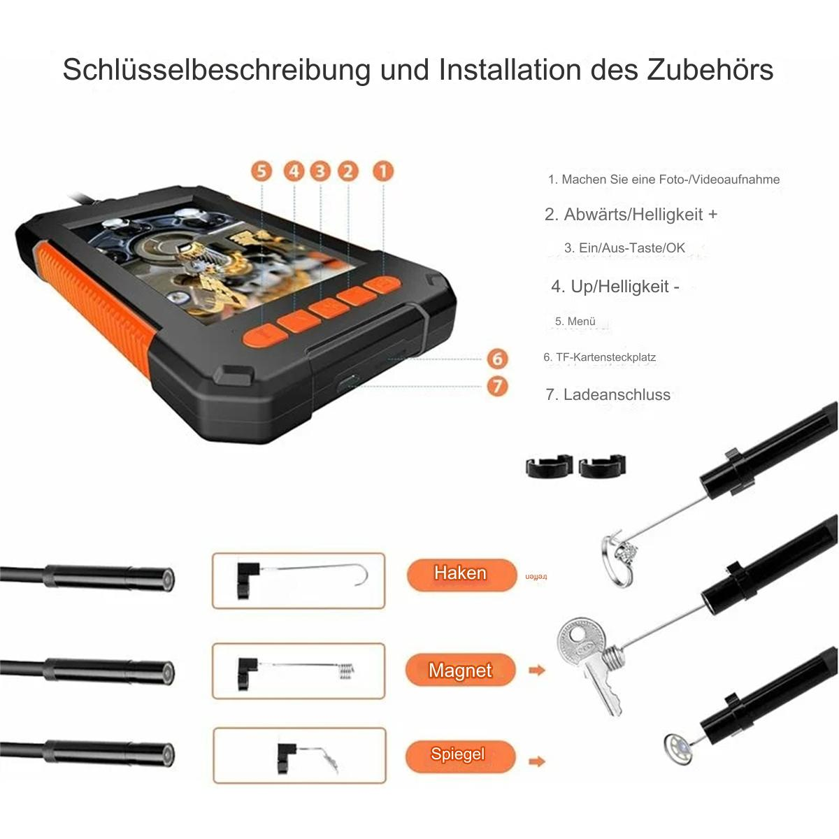 Ein schwarzes und oranges Endoskop mit Zubehör. Der Bildschirm zeigt ein Bild. Verschiedene Werkzeuge enthalten.