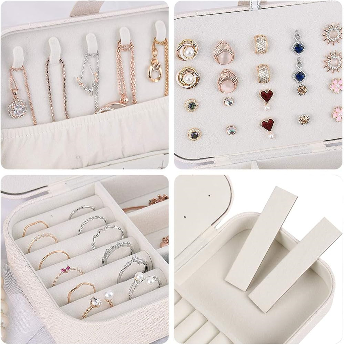 Schmuck-Organizer mit Halsketten, Ringen und Ohrringen. Weißes Interieur, verschiedene Gold- und Silberstücke.