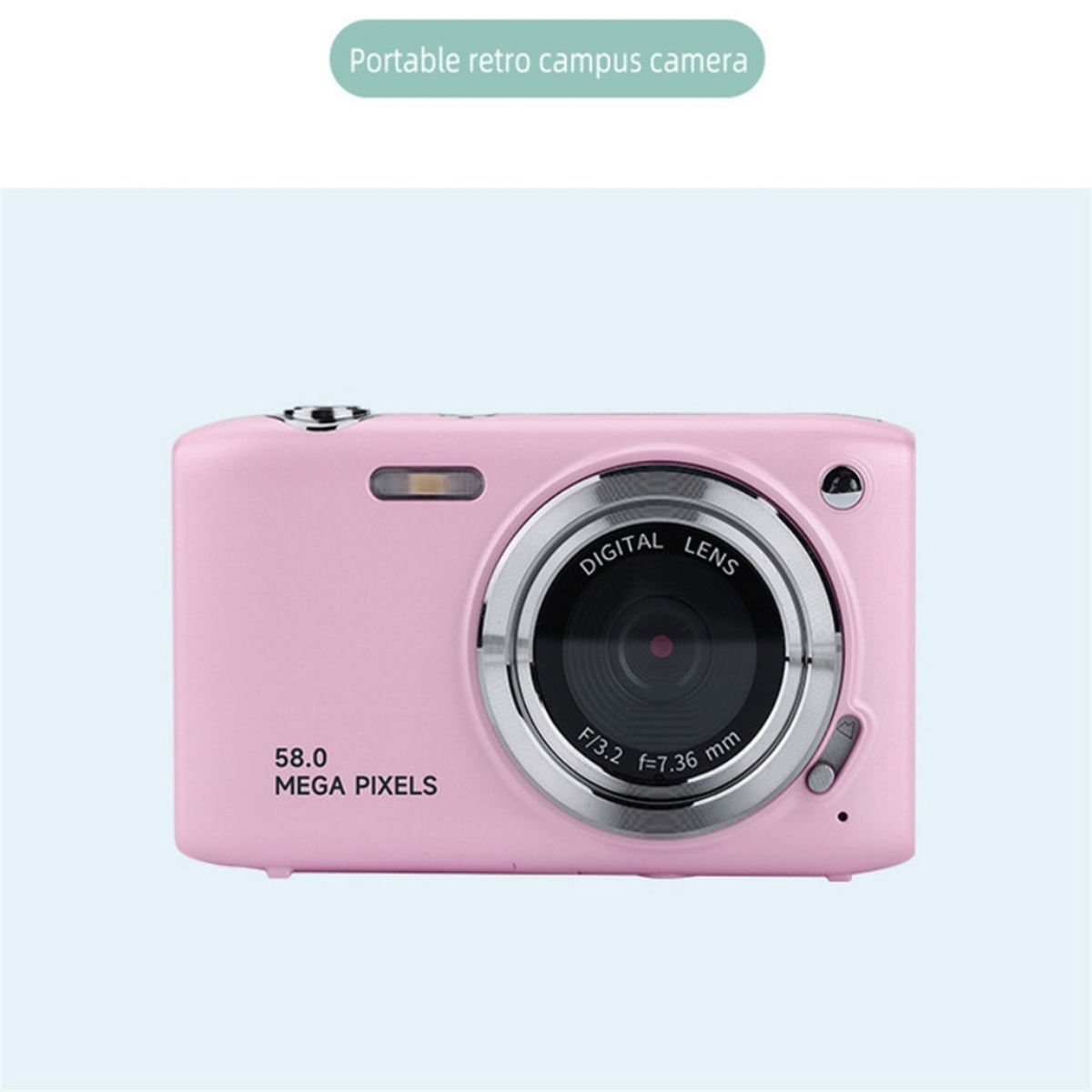 Eine rosa Retro-Digitalkamera mit silberner Linse und Knöpfen auf weißem Hintergrund.