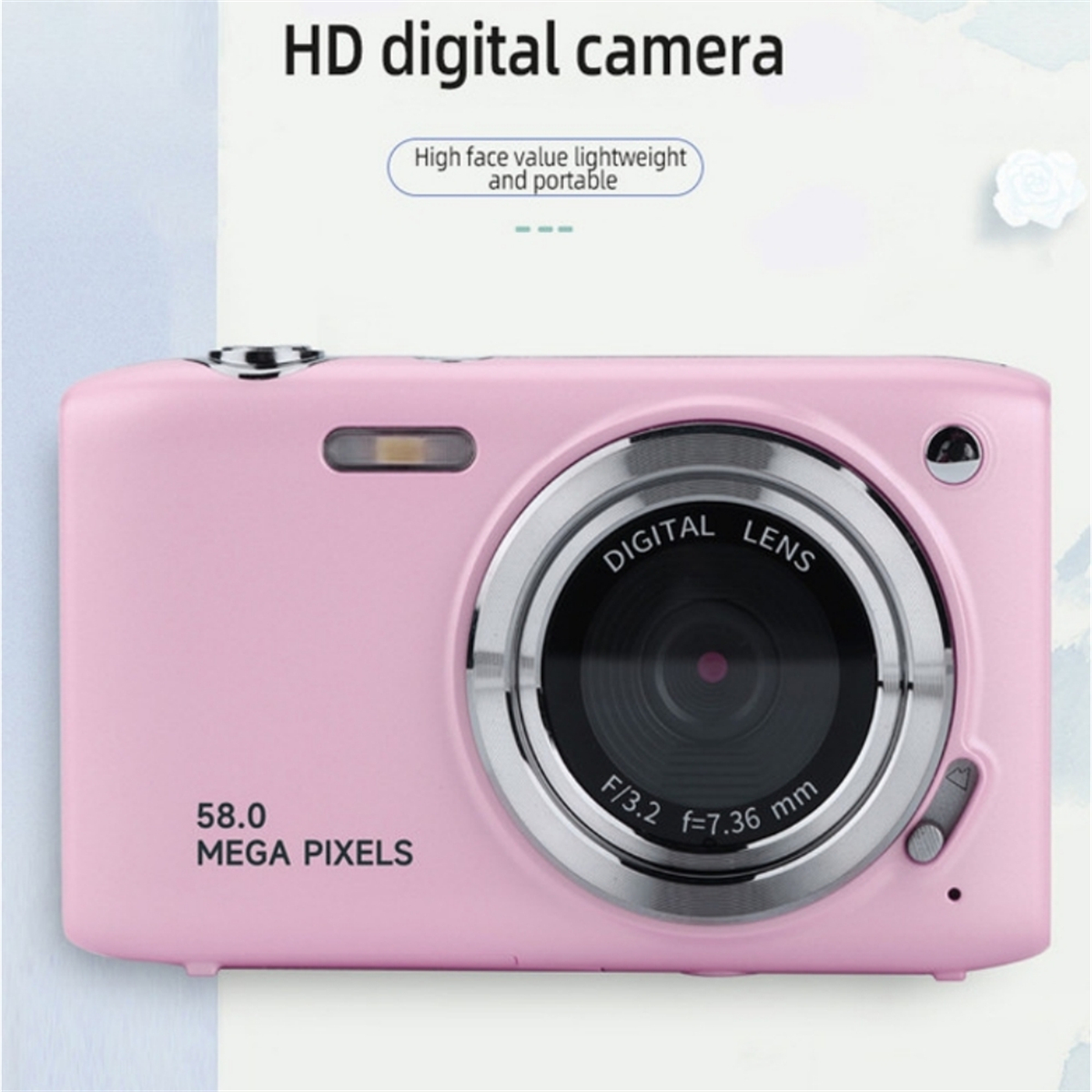 Eine rosa Digitalkamera mit silbernem Objektiv und dem Text '58.0 MEGA PIXELS'.