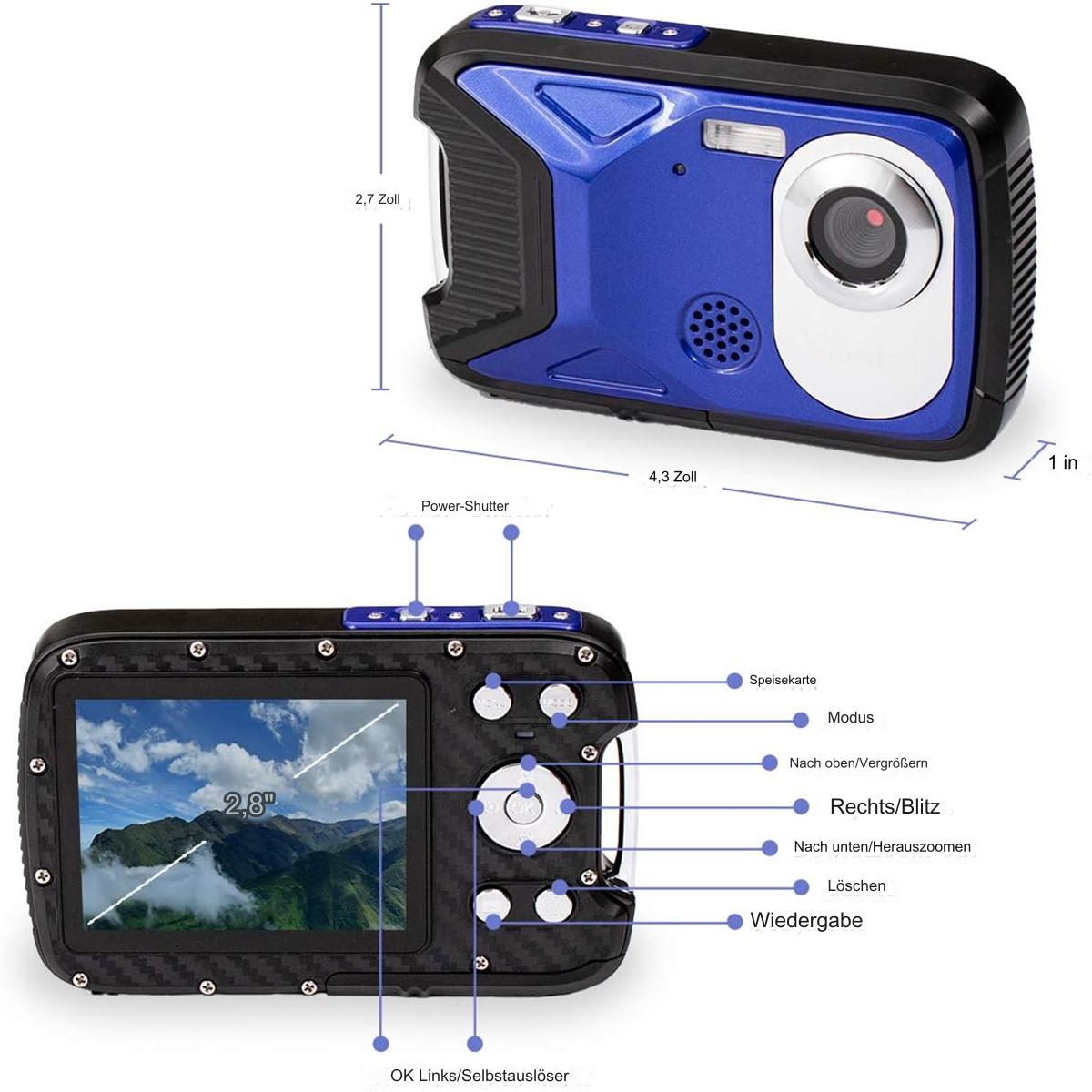 Blaue und schwarze Digitalkamera mit Knöpfen und Bildschirm. Abmessungen sind angegeben. Der Bildschirm zeigt Landschaft.