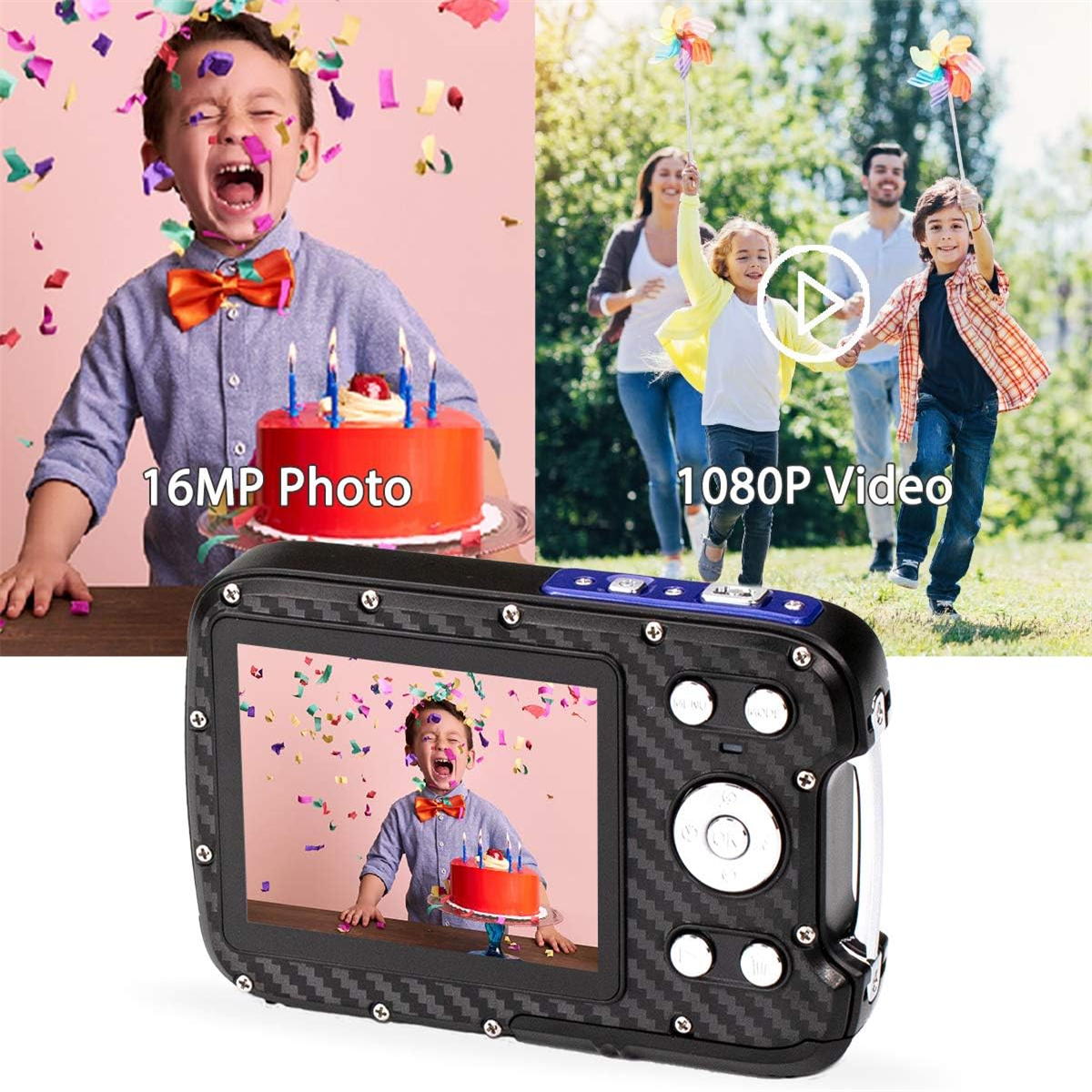 Kamera zeigt Kind mit Kuchen auf dem Bildschirm, plus zwei Fotos und Video einer Familie.