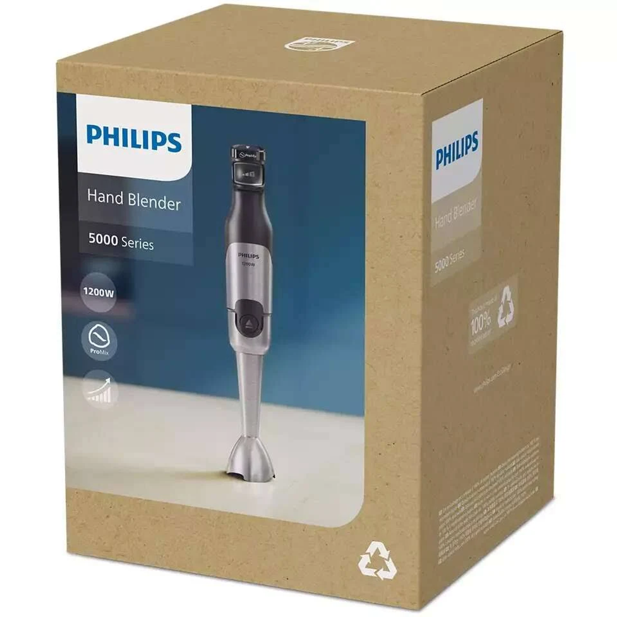 Una caja de batidora de mano Philips, con una imagen de la batidora y sus características.