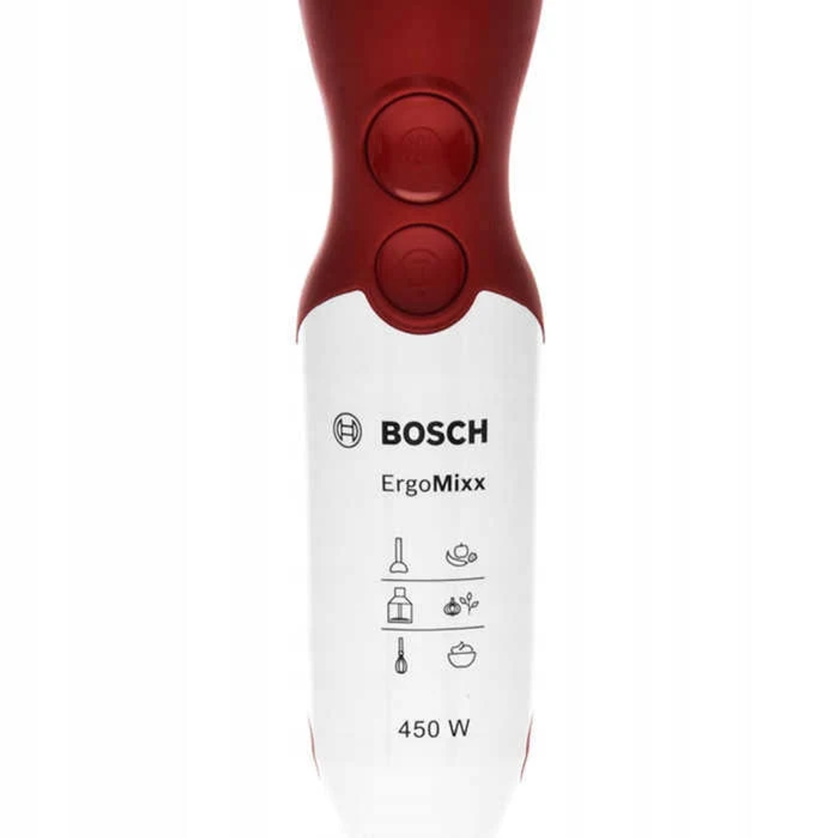 Frullatore a immersione Bosch ErgoMixx rosso e bianco, primo piano.