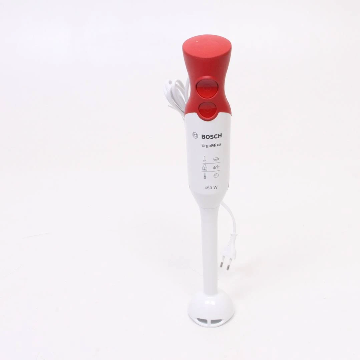 Frullatore a immersione bianco e rosso con logo Bosch, su superficie bianca.