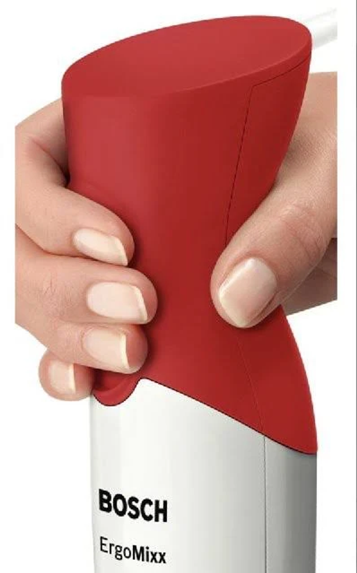Una mano tiene un frullatore a immersione Bosch ErgoMixx rosso e bianco.