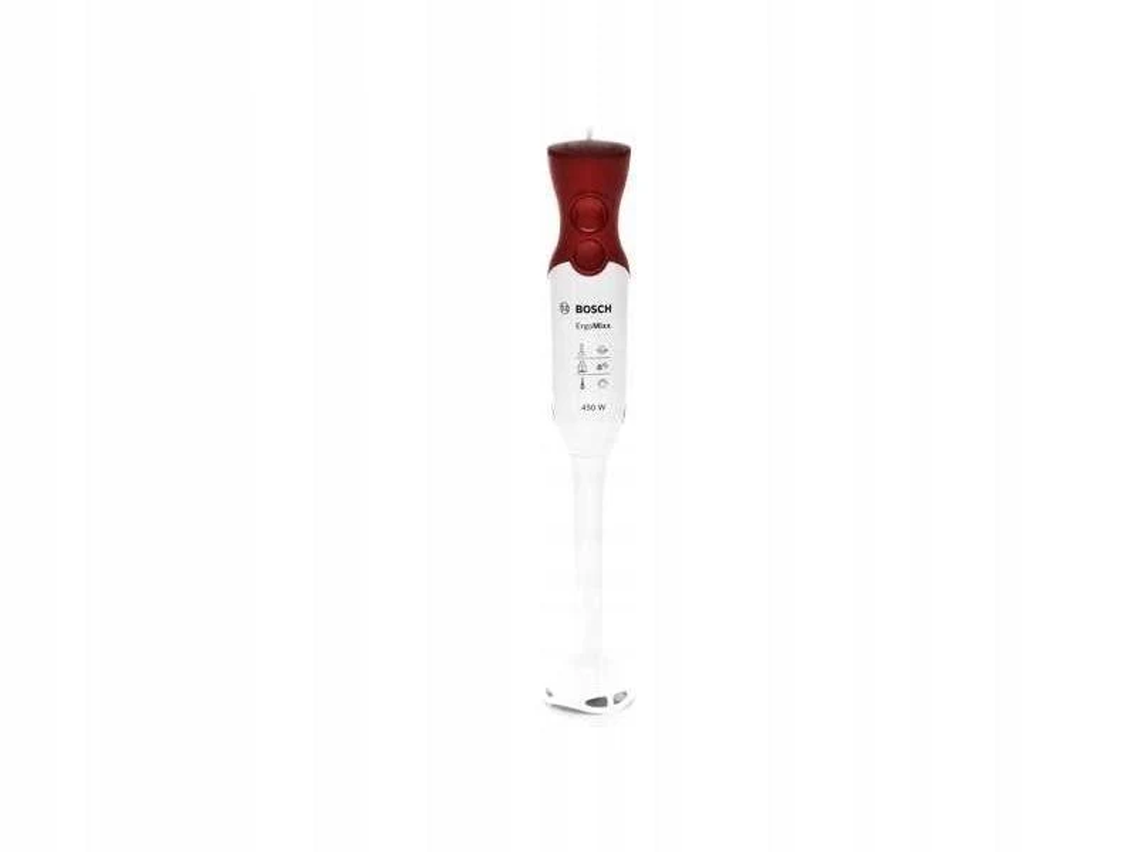 Un frullatore a immersione Bosch rosso e bianco, su uno sfondo bianco.