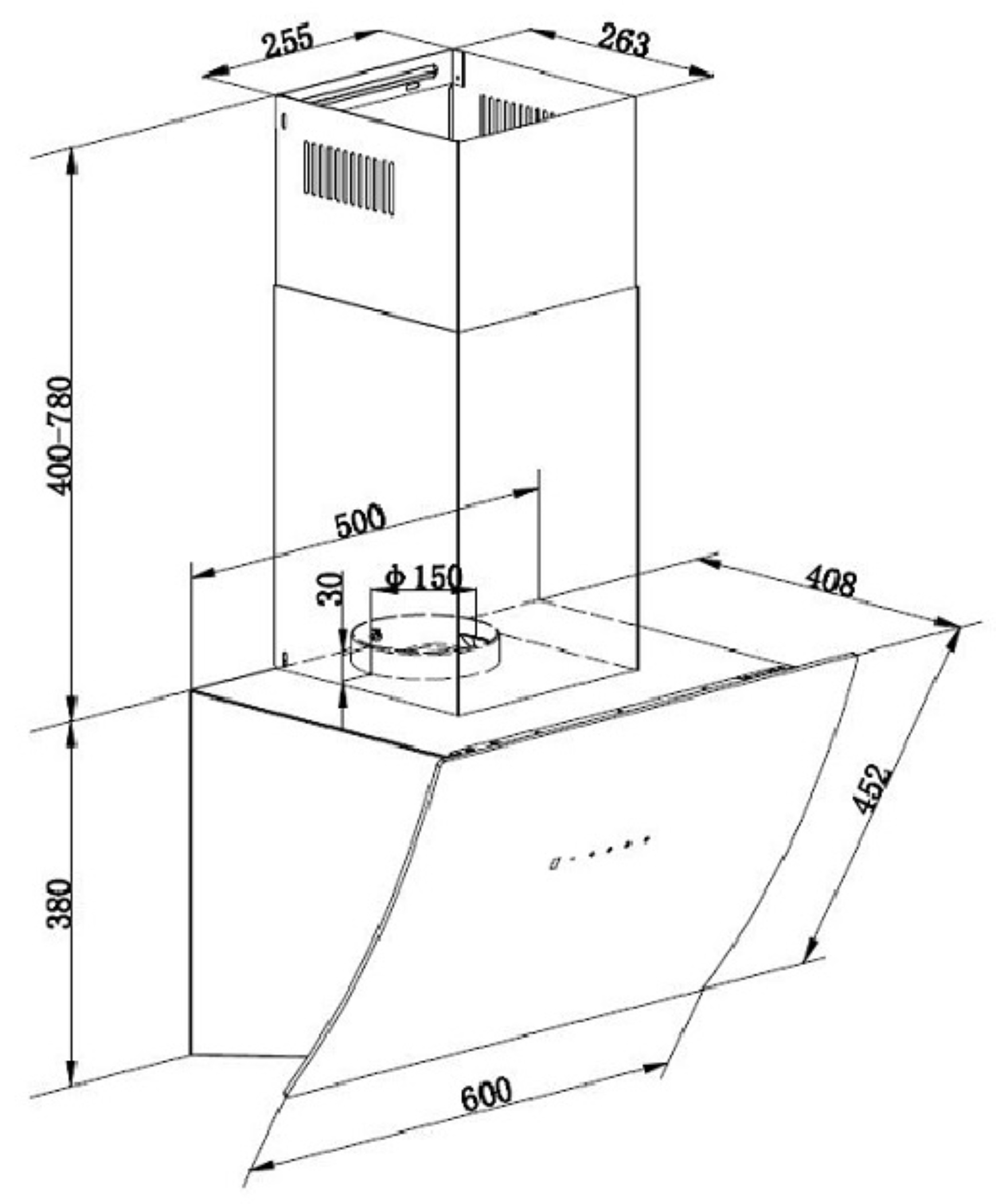 Technical drawing of a kitchen hood with measurements in millimeters. White background.