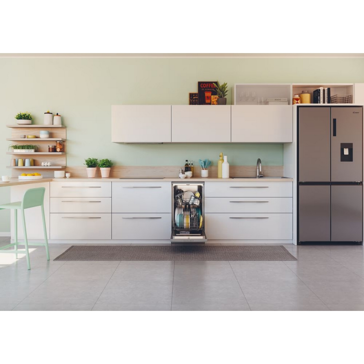 Una cocina con encimera blanca, un refrigerador empotrado con la puerta abierta y armarios.