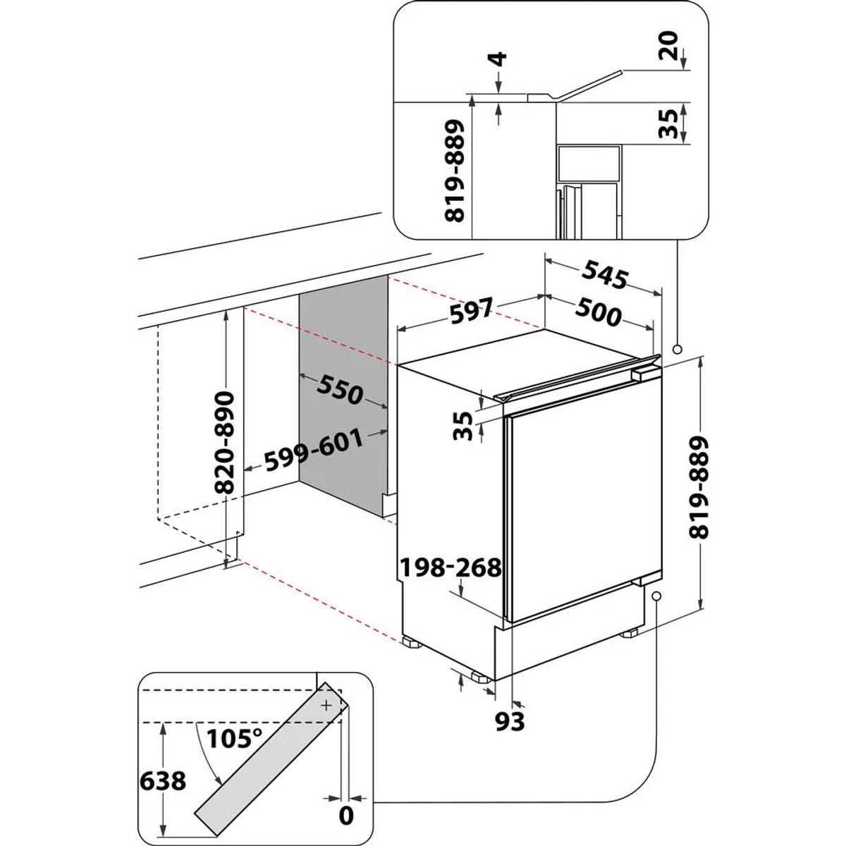 Disegno tecnico di un frigorifero a incasso, con dimensioni e dettagli.