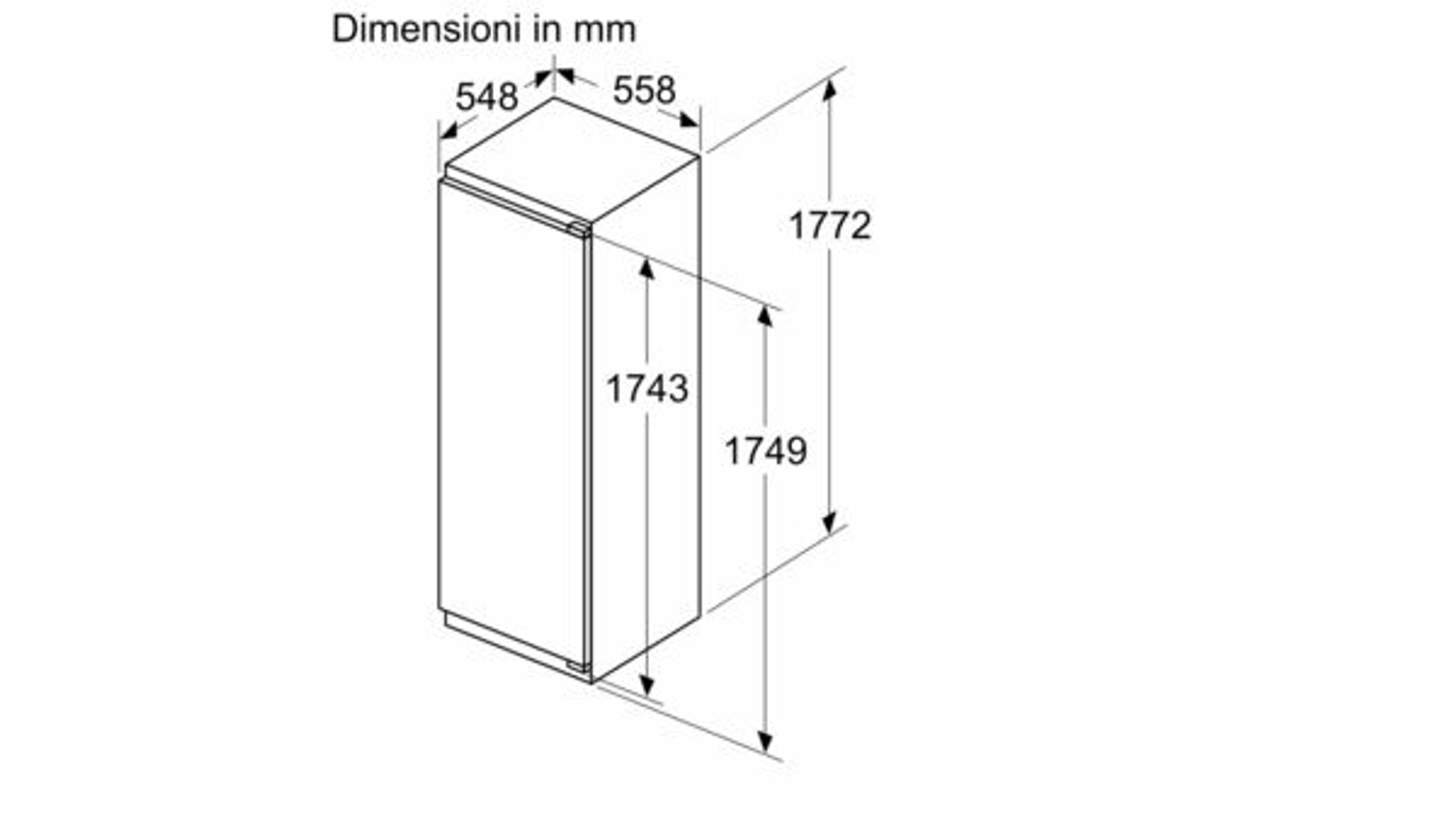 Diagramm eines hohen weißen Geräts mit Abmessungen in mm. Isometrische Ansicht vor weißem Hintergrund.