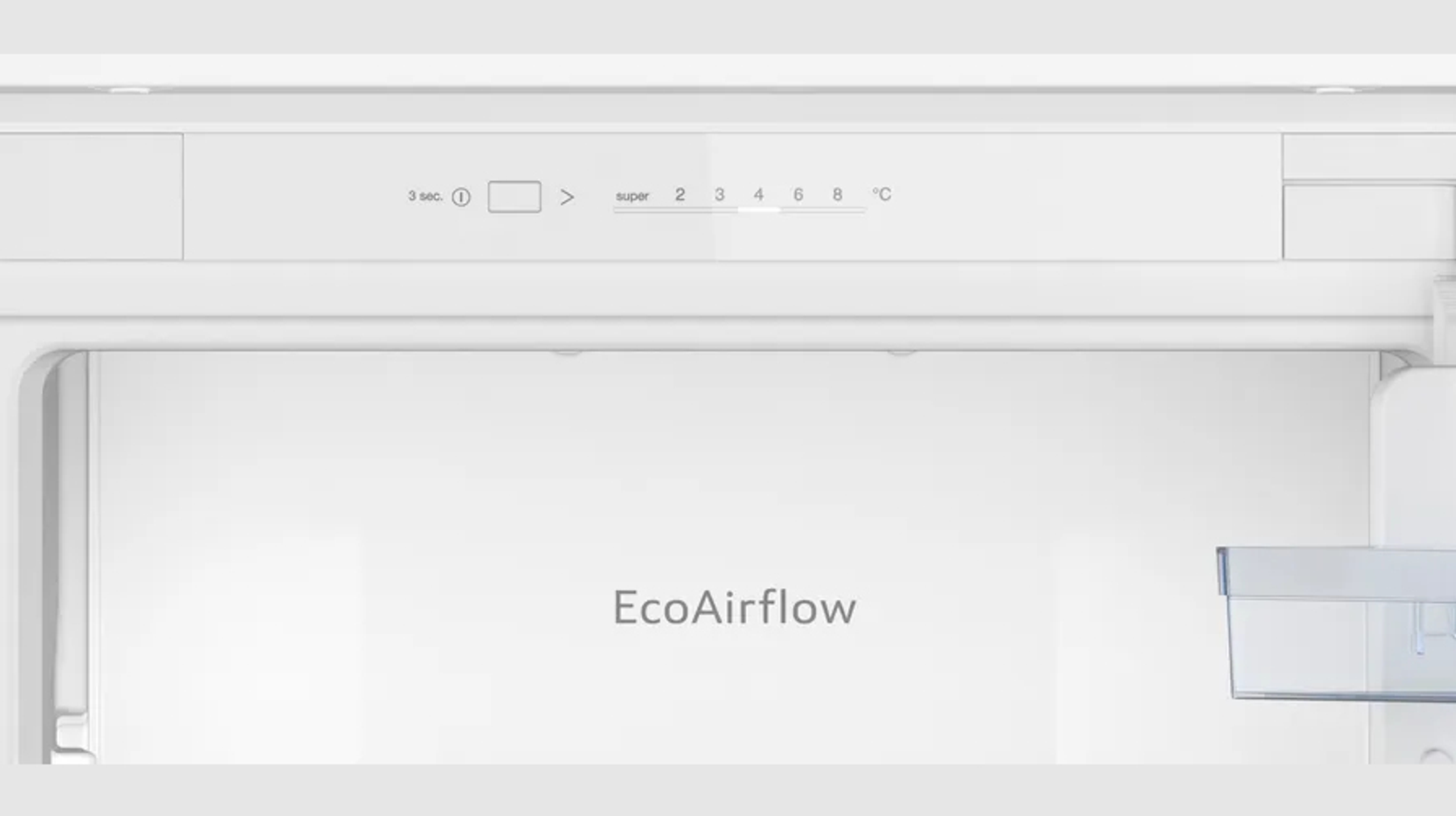Primo piano del pannello di controllo del frigorifero. Mostra impostazioni temperatura e logo EcoAirflow.