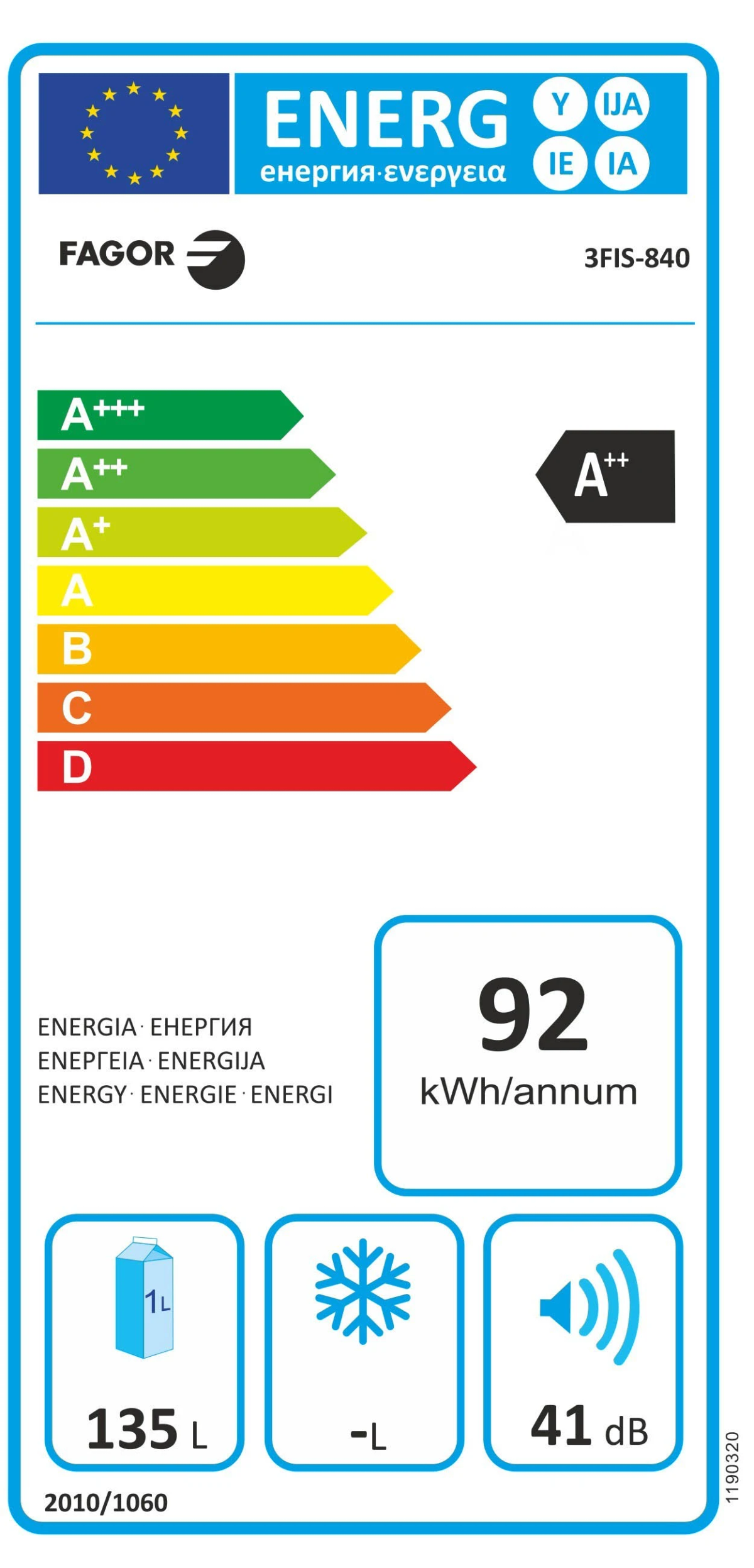 Etichetta energetica Fagor. Efficienza A++. Consumo e volume.