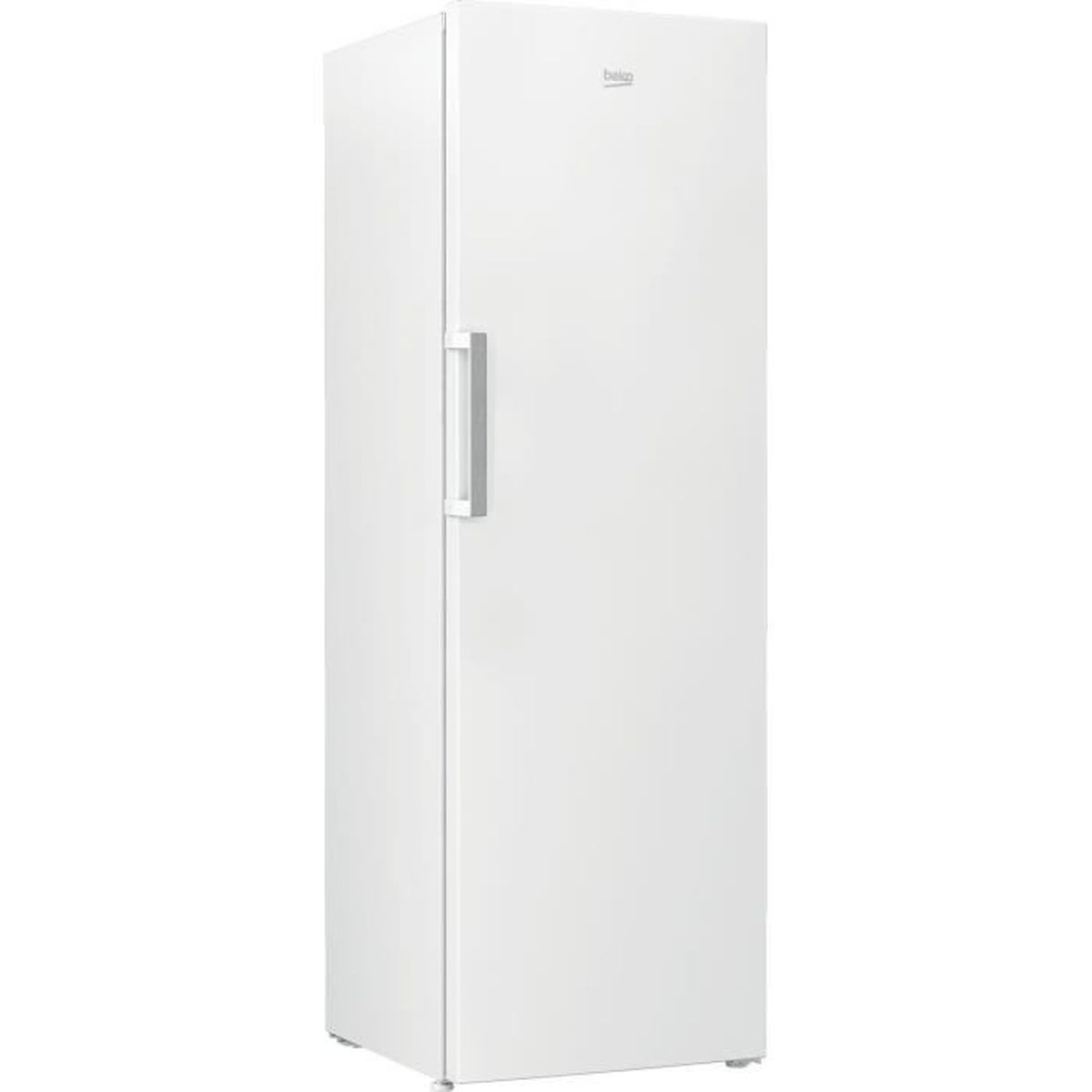 Congelador vertical blanco con una sola puerta y un tirador plateado. La puerta está cerrada.