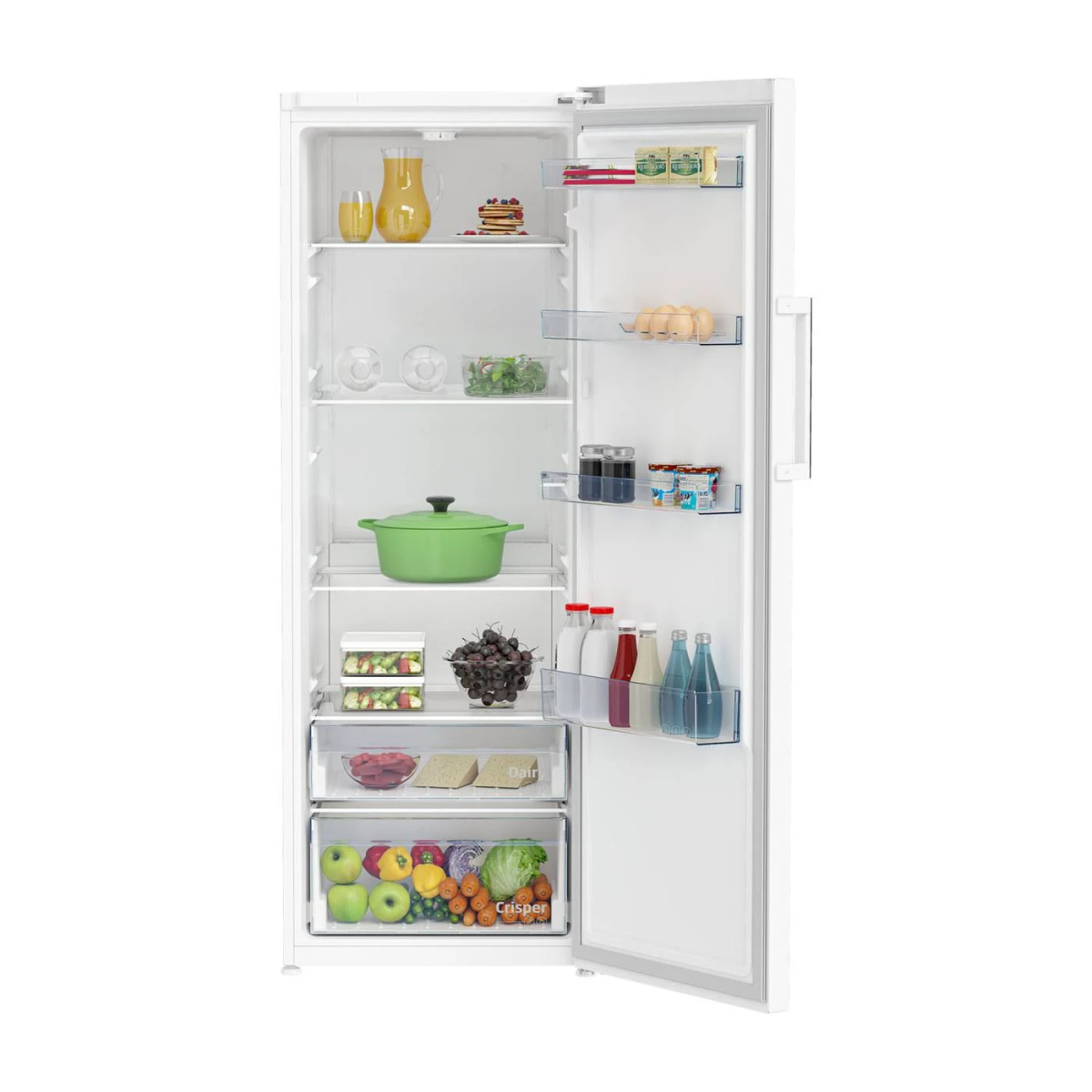 Un refrigerador abierto con estantes que contienen varios alimentos y bebidas.